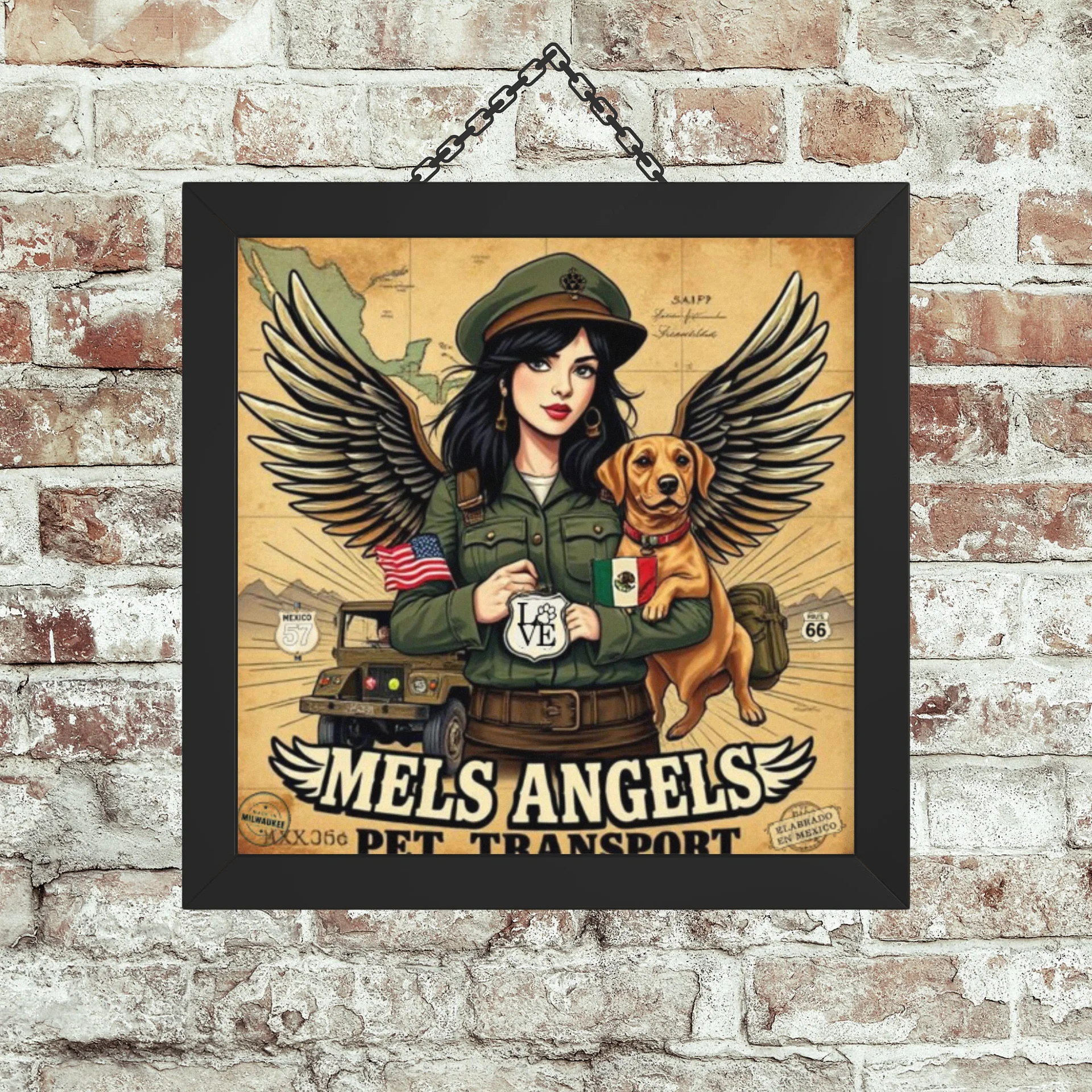 Mel’s Angels Vintage Pet Transport Framed Poster – Winged Rebel Dog Art, Route 66 Military Pin-Up Print product image (1)