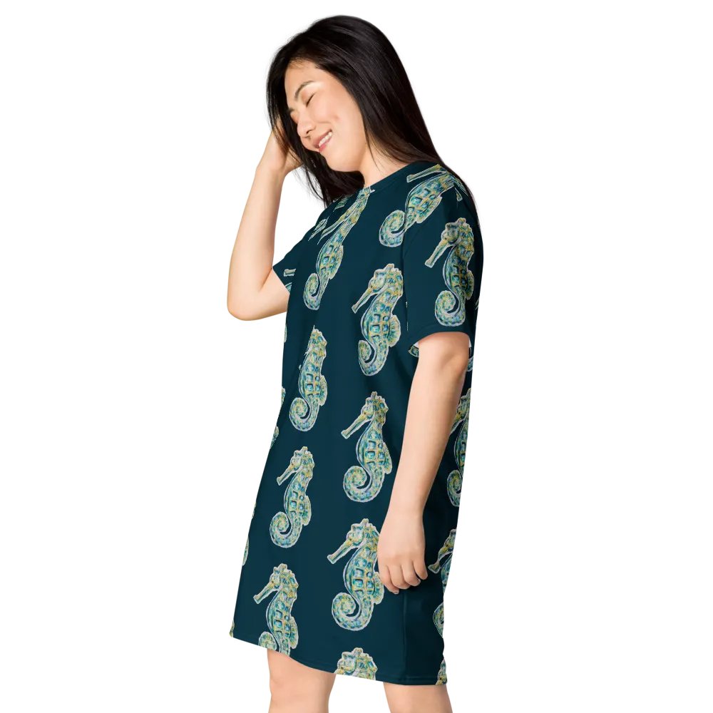 Ocean Majesty | Painted Seahorse | T-Shirt Dress | Coastal Oversized Dress | Ocean-Inspired Casual Style | Blue Whale Background product image (8)