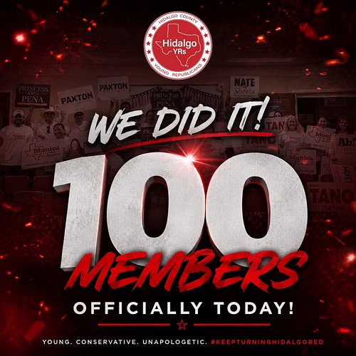 🔥 100 MEMBERS STRONG! 🔥

IT’S OFFICIAL - The Hidalgo County Young Republicans have officially hit 100 MEMBERS! 🇺🇸🐘

What star...