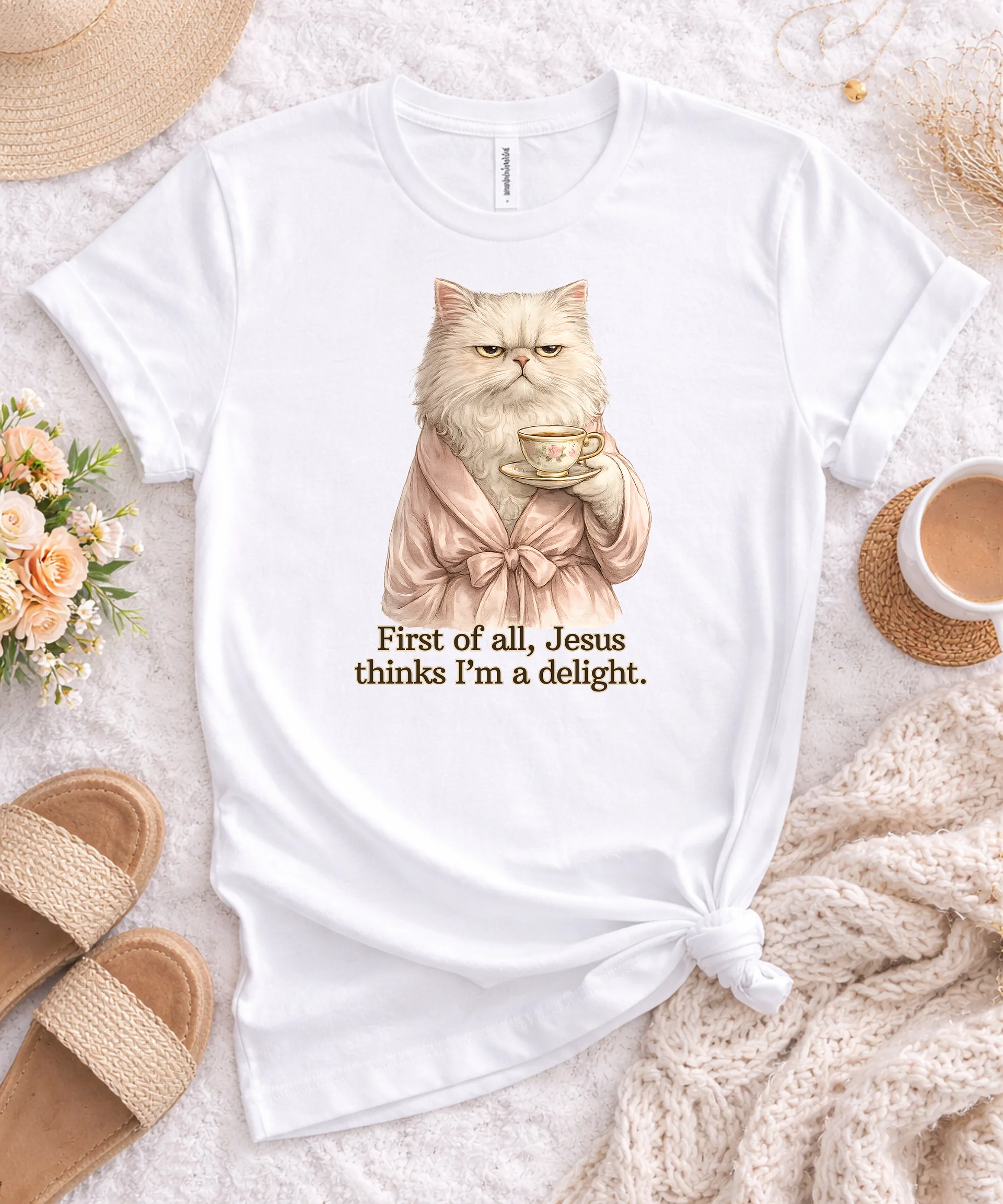 Funny Christian Cat Shirt, First of All Jesus Thinks I'm a Delight T-Shirt, Grumpy Persian Cat Tee, Faith Humor Shirt, Bella Canvas SuperSoft Tee product image (1)