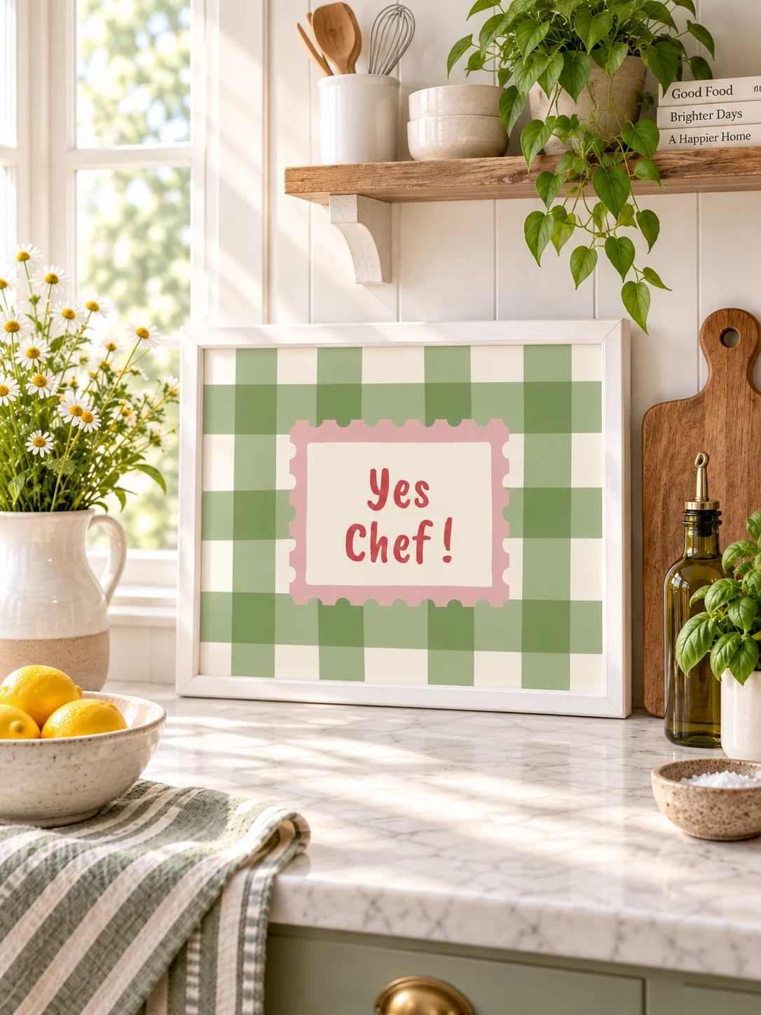 Yes Chef Printable Kitchen Wall Art | Green Gingham Retro Typography Poster product image (1)