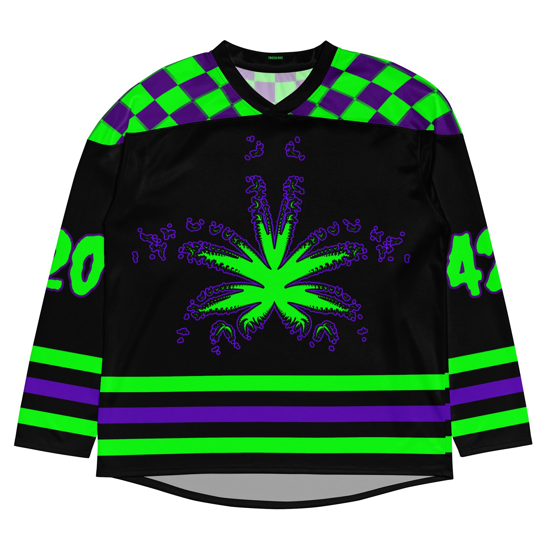 Stoner Raver 420 Hockey Jersey, Cannabis EDM Shirt, Gothic Alt Rave Wear, Weed Music Festival Clothes, Black Purple Neon Green Pot Leaf Top product image (4)