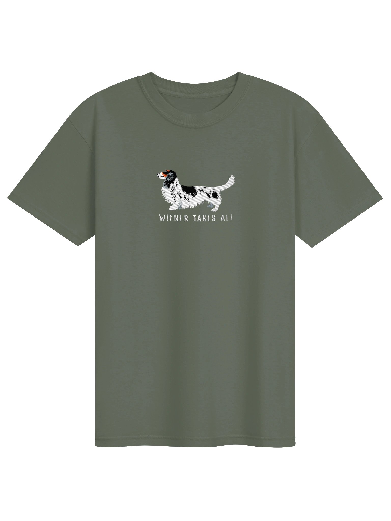 Wiener Takes All T-Shirt(Embroidered) of a Longhaired Dachshund(Pied Black & White) product image (25)