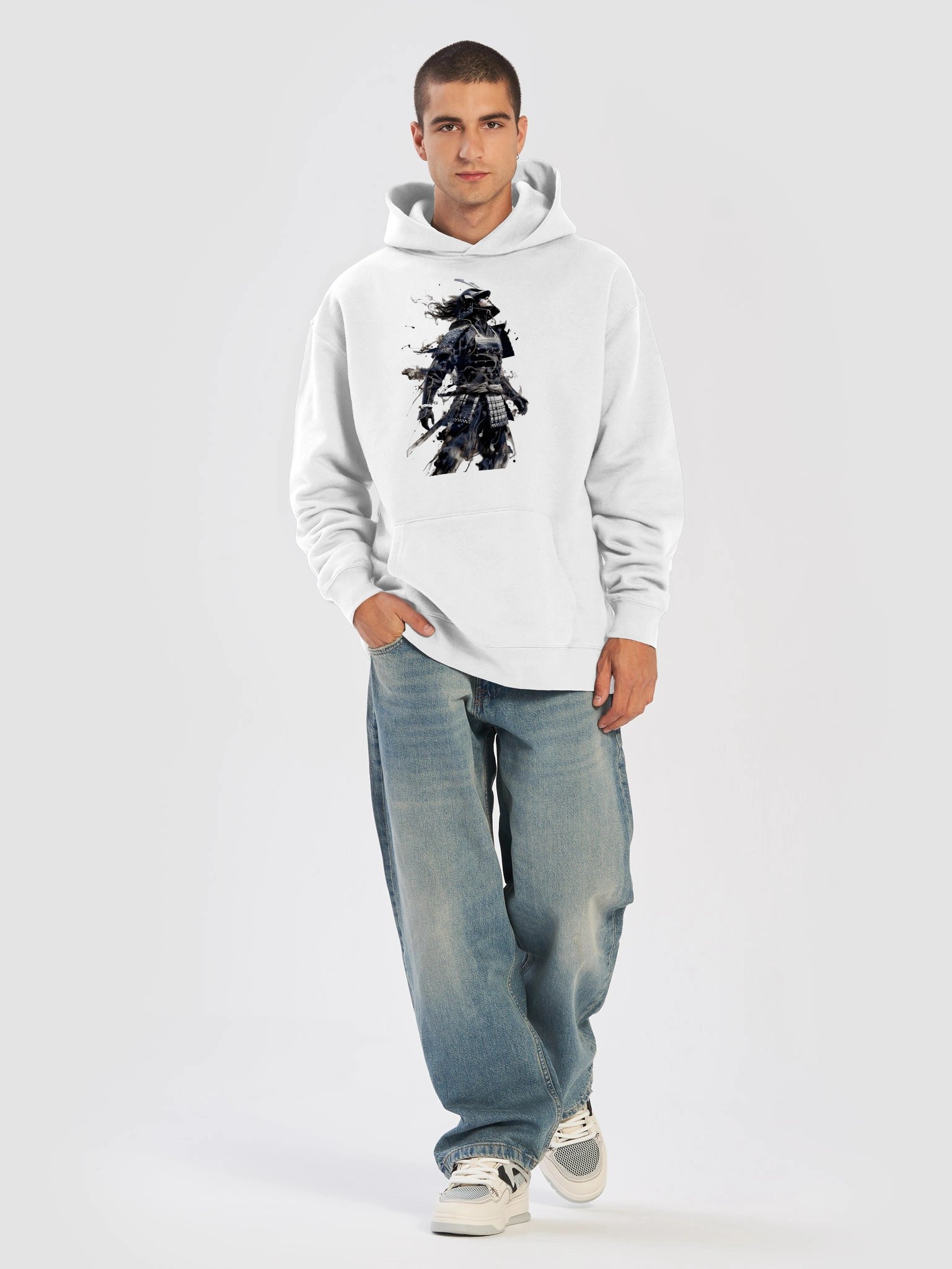Shadow Ronin Sumi-e Hoodie — Black Ink on White product image (5)