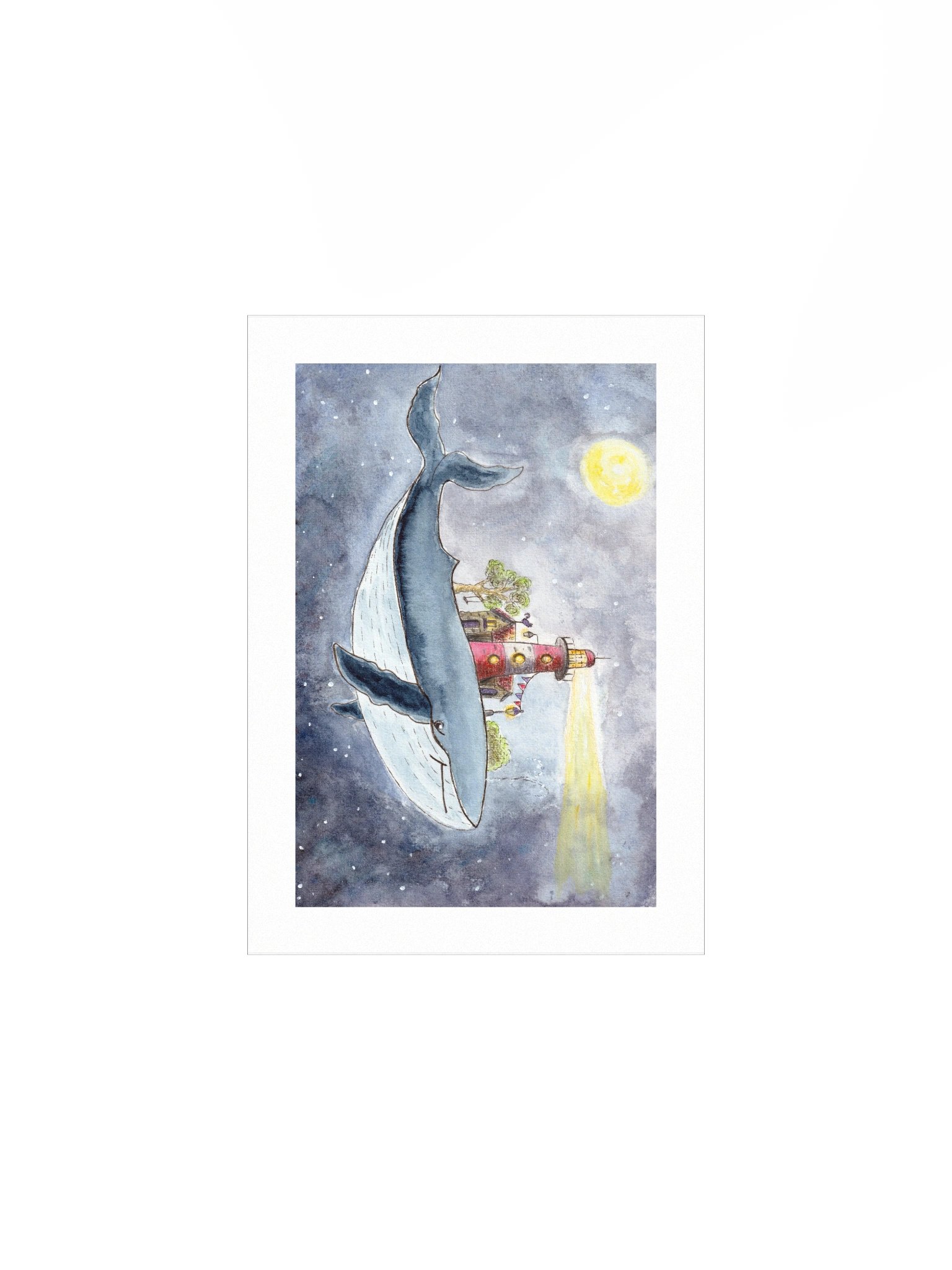 Moonlit Whale Lola & Lighthouse - Watercolor and Pencil Poster Print product image (2)