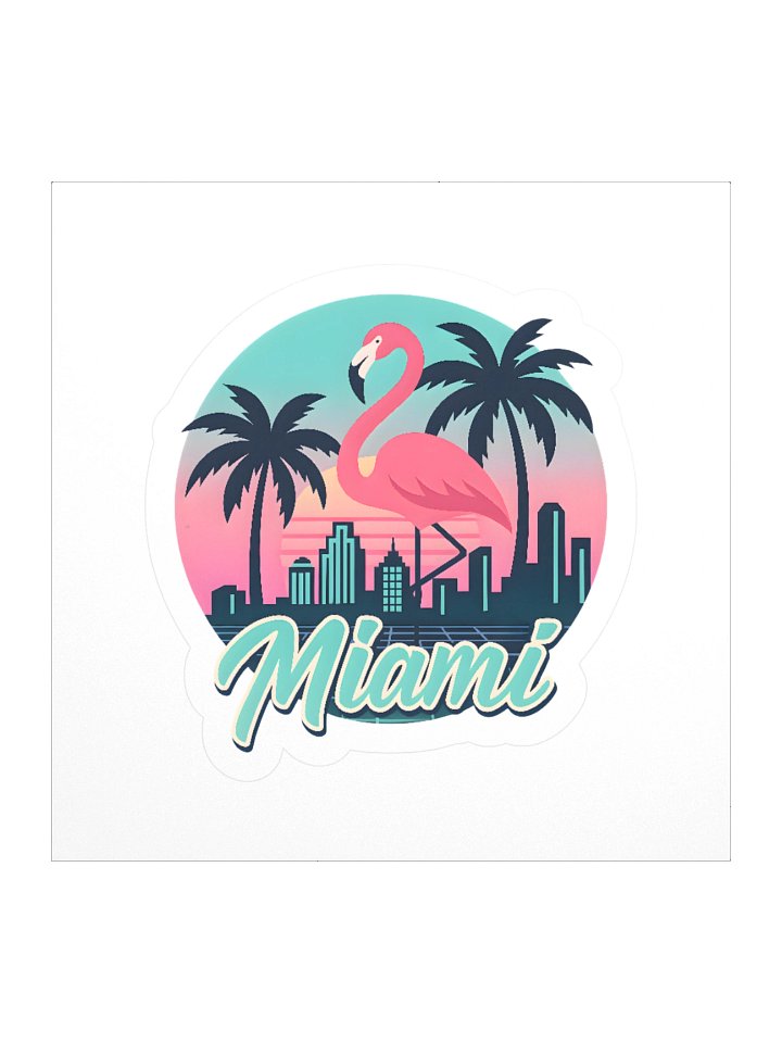 Retro Miami Flamingo Design with Neon Skyline and Palm Trees in Sunset Colors Sticker product image (1)