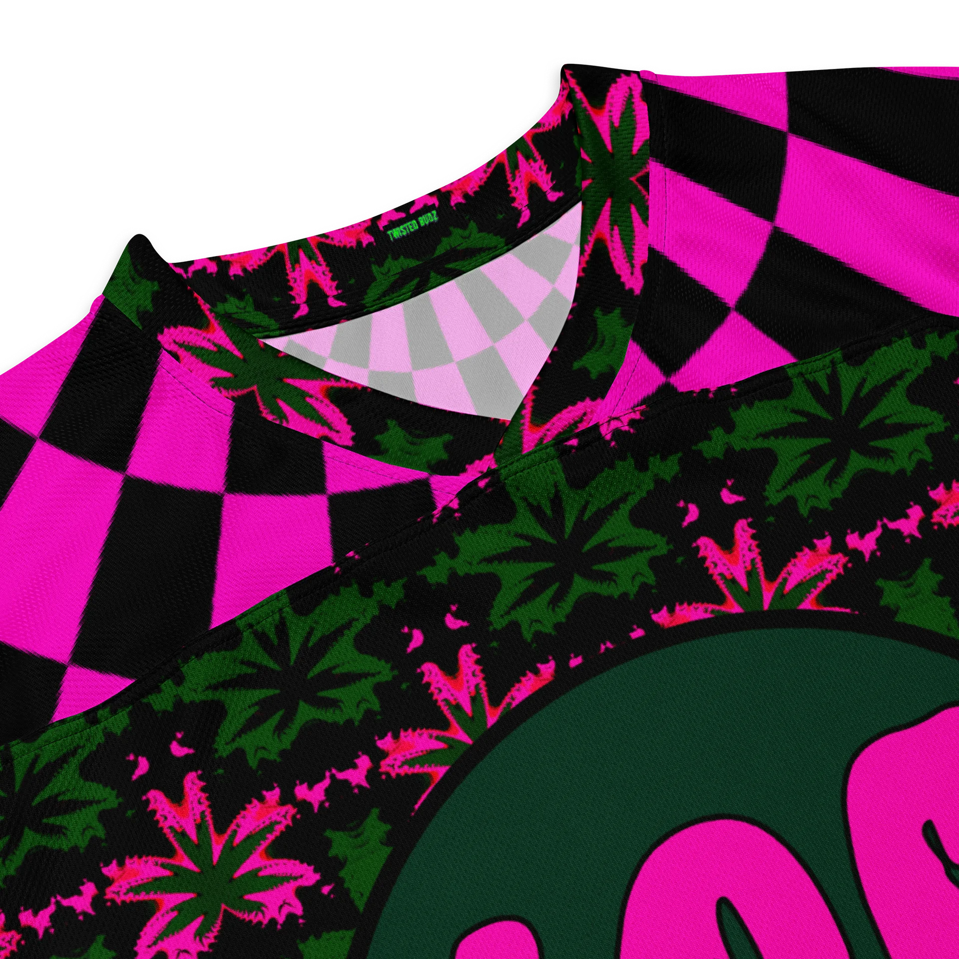 Trippy 420 Rave Hockey Jersey, Psychedelic Cannabis Festival Shirt, Neon Retro Stoner Fashion, Pot Leaf EDM Clothes, Pink Weed Checkers Top product image (8)
