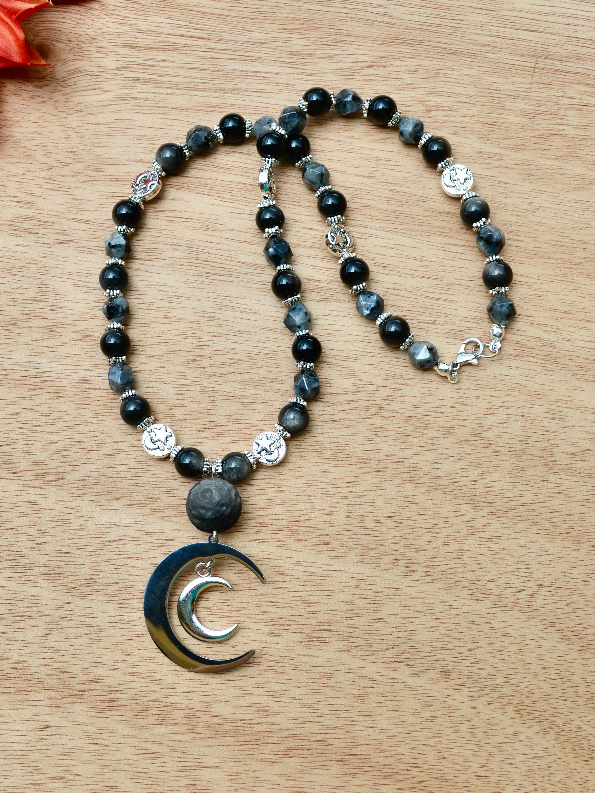 Obsidian Moon Beaded Pendant Necklace With Larvikite Gemstones and Silver Beads product image (4)