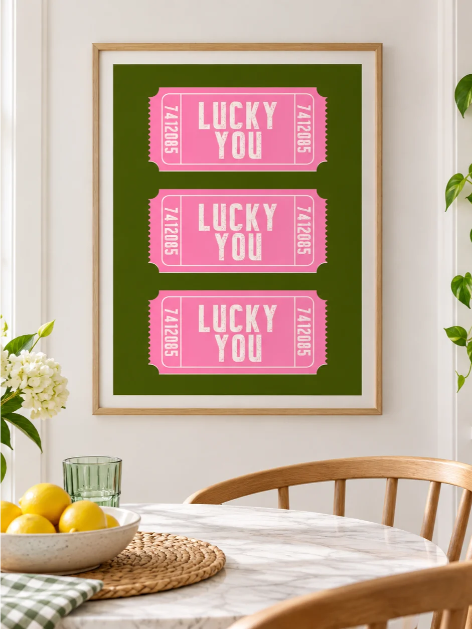 Lucky You Poster, Pink Green Ticket Wall Art, Retro Typography Print, Funky Dopamine Decor, Bright Printable Bedroom Art, Gallery Wall Print product image (7)