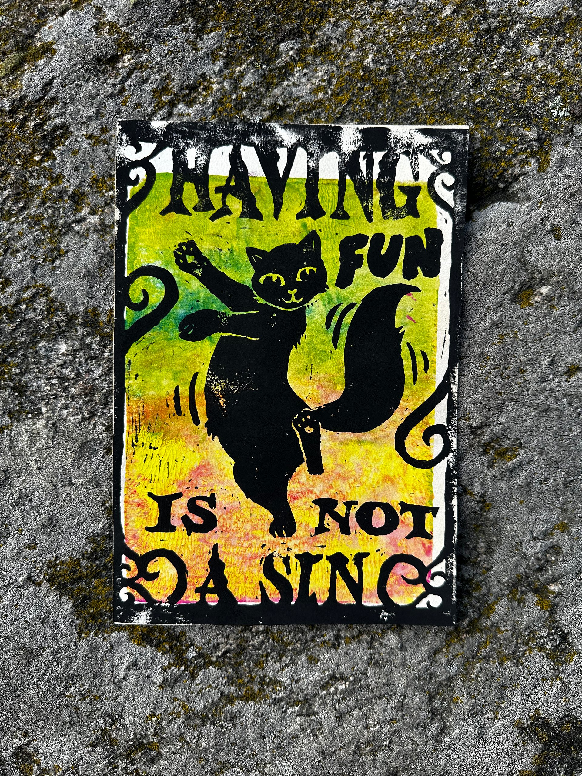 HAVING FUN IS NOT A SIN dancing cat original lino print (9) product image (1)
