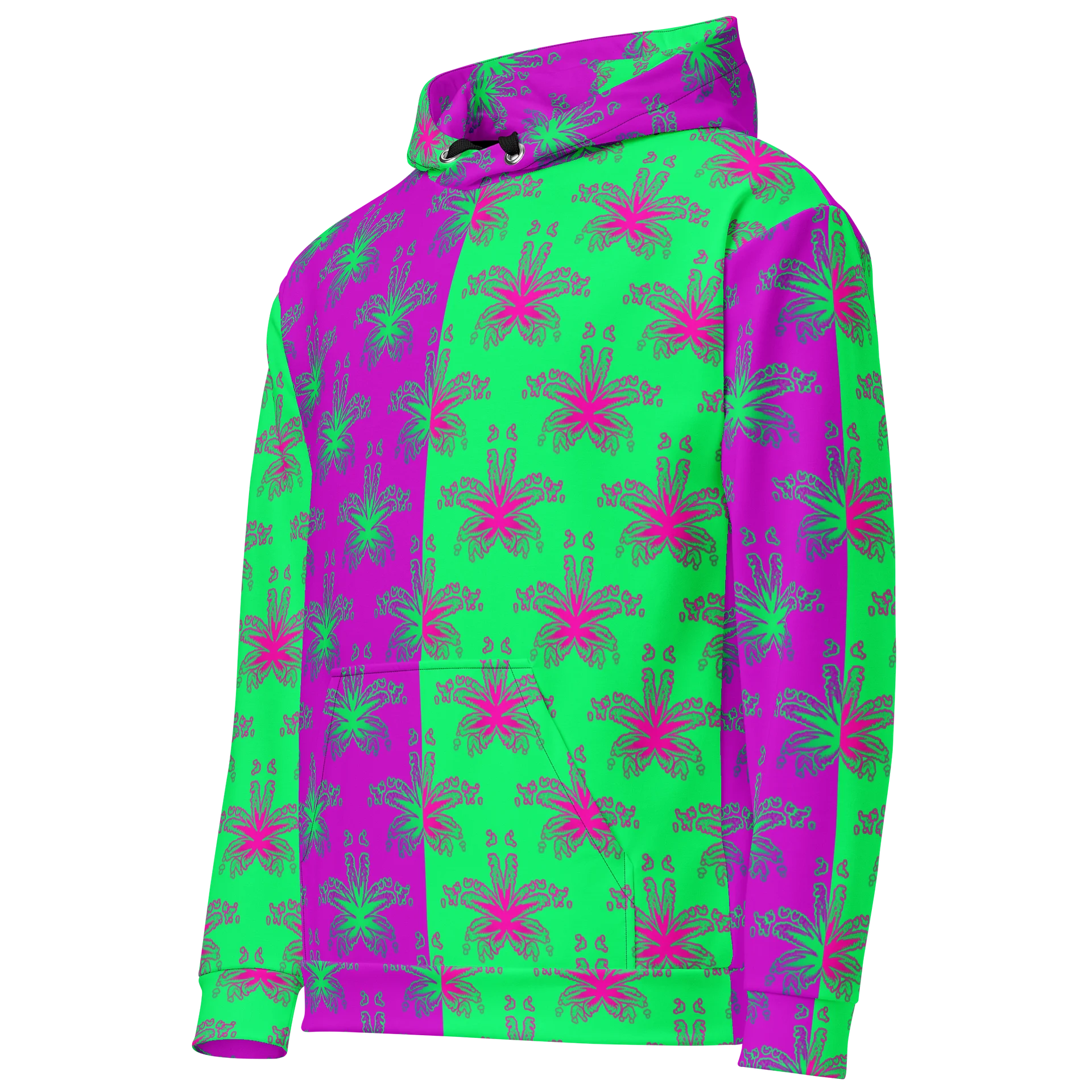 Twisted Cannabis Circus Unisex Hoodie, Weird Weed Art Stoner Clothing, Green Purple Pot Leaf Pattern 420 Festival Fashion product image (2)