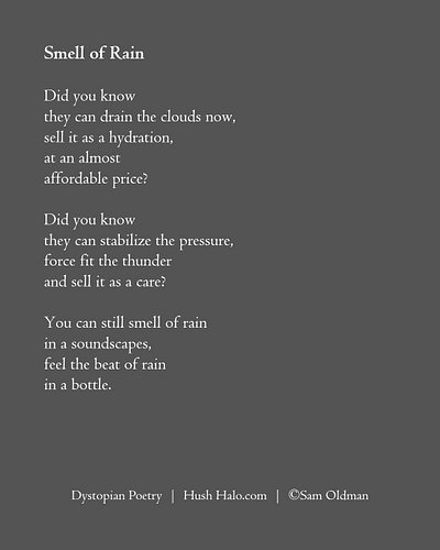 Smell of Rain. 🖤 Dystopian Poetry @thehushhalo 👋 Hi, I'm Sam - an artist and writer of dystopian poetry, with a silver lining...