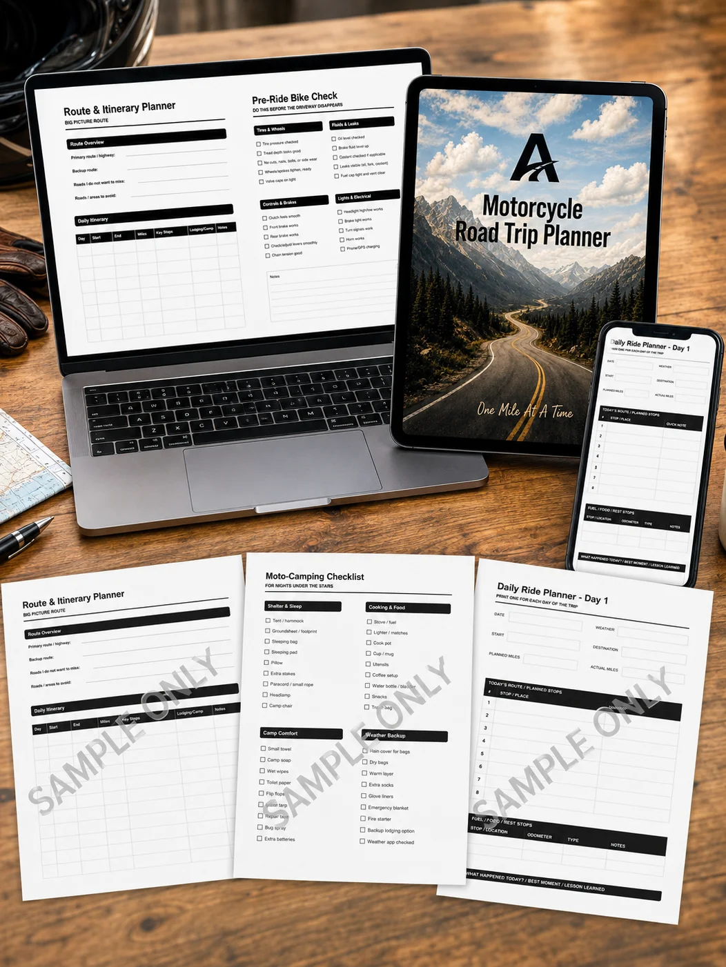 MOTORCYCLE ROAD TRIP PLANNER – PRINTABLE + FILLABLE PDF BUNDLE product image (1)