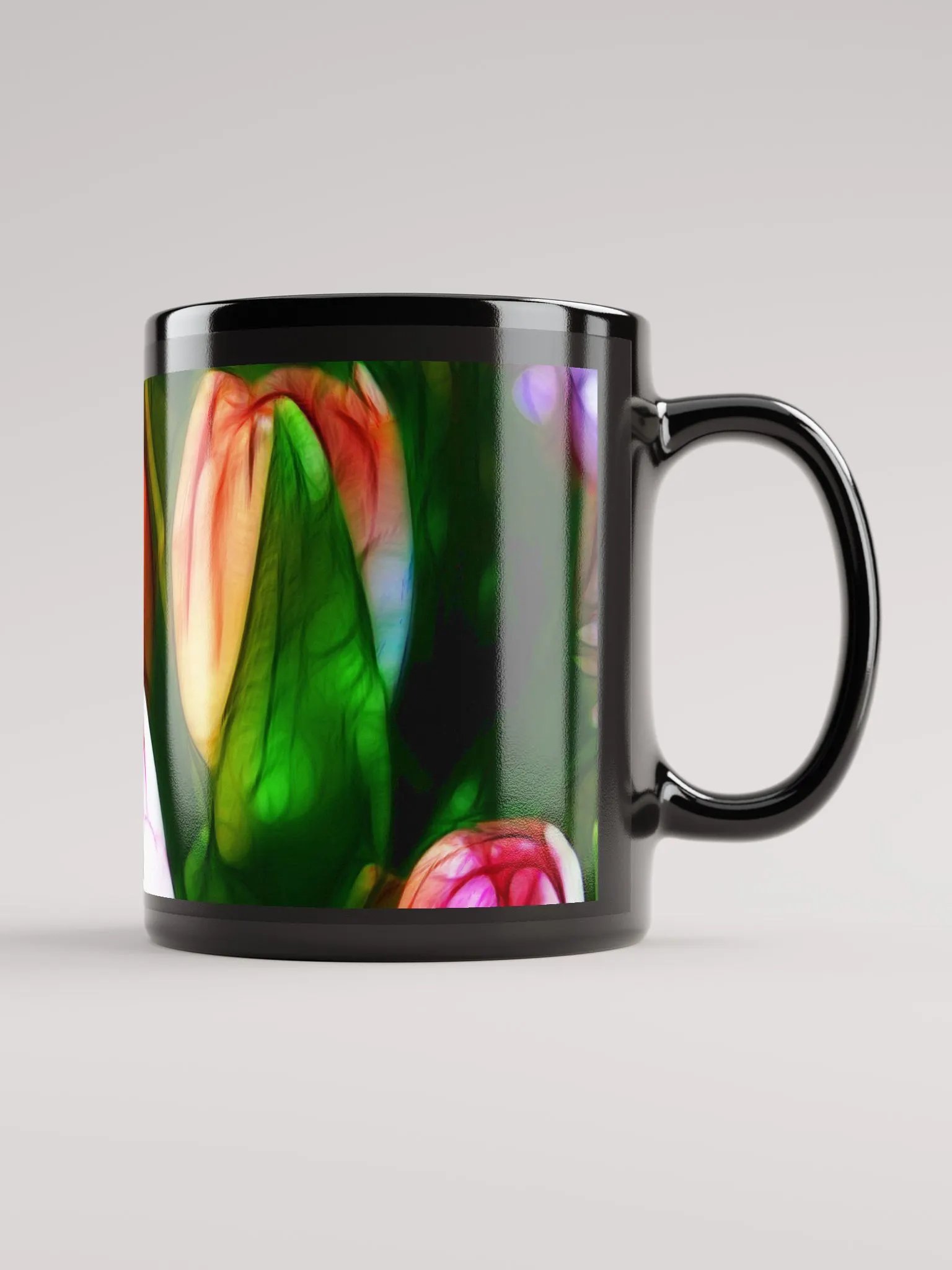 Abstract Pink Tulips Black Coffee Mug product image (1)