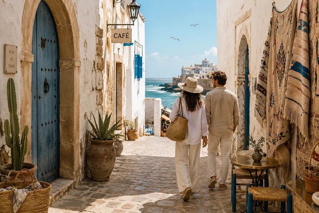 Couple walking through a sunlit street in Essaouira, Morocco, with whitewashed walls, blue doors, woven rugs, potted plants, and ocean views at the end of the lane.