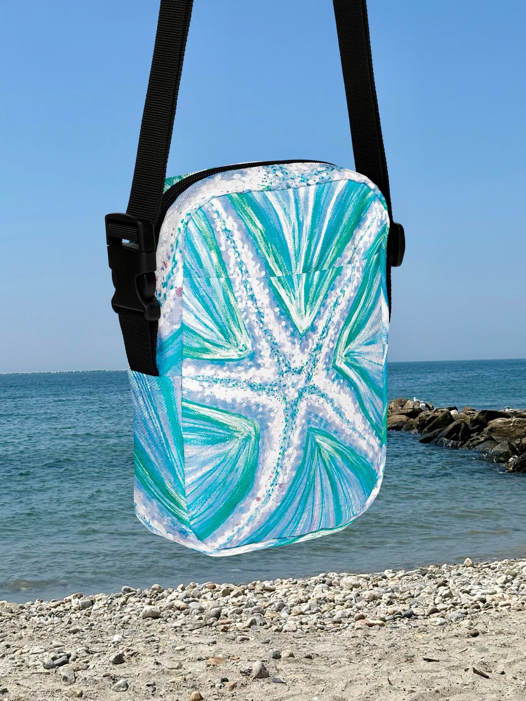 Bright Cyan Starfish | Crossbody Bag | by Monique Faella Designs™ | Coastal Cool Meets Everyday Utility | Sea-Inspired Style in Motion 🌊⭐🎒 product image (1)