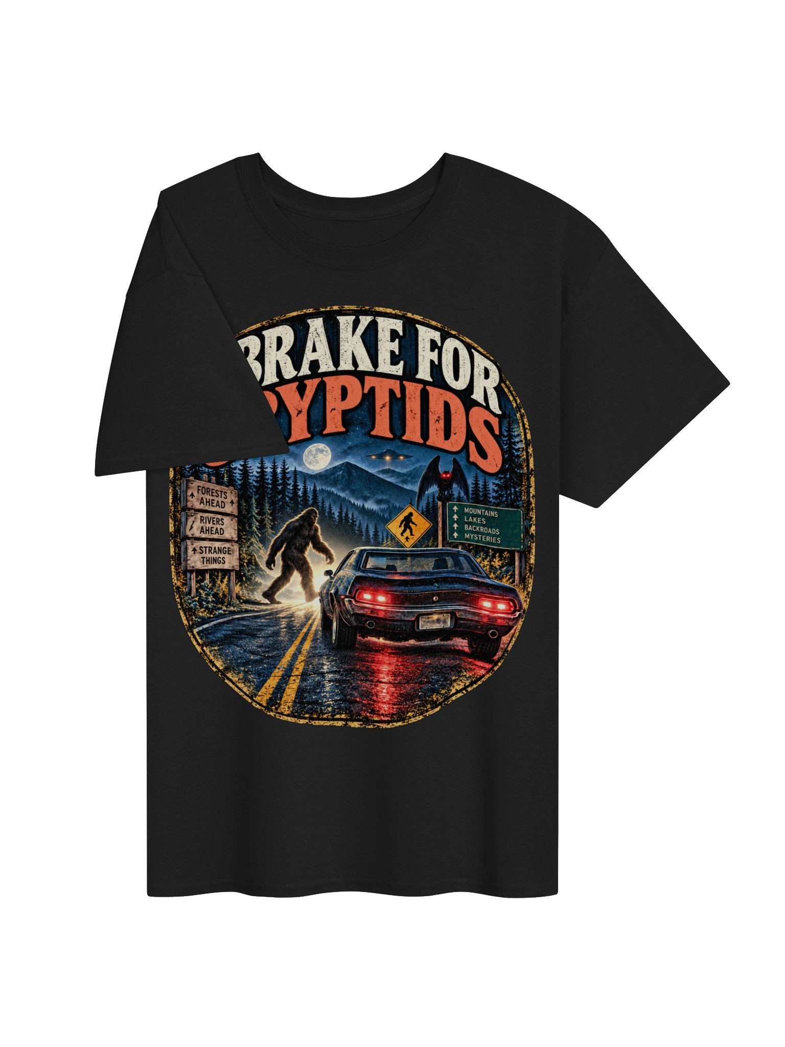 I Brake for Cryptids T-Shirt – Bigfoot & Mothman Road Trip Tee product image (4)