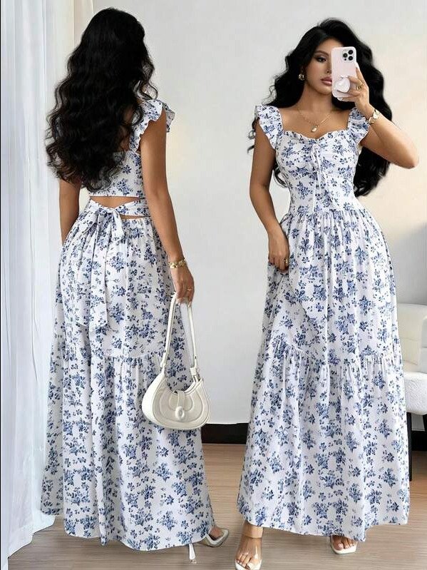 ADLEST French Elegant Casual Vacation Square Neck Lotus Leaf Flying Sleeves Polka Dot Print Texture Plaid Woven Chiffon Material Back Tie Pleated Large Skirt Spring And Summer Red Women Dress Summer product image (2)