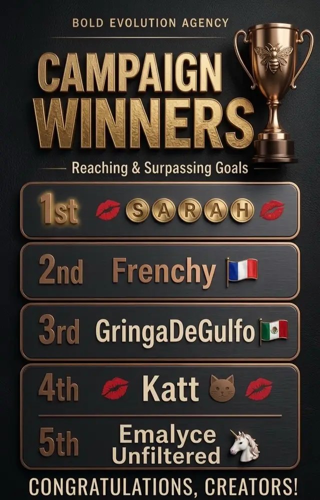 They put the work in and the numbers proved it. Congrats to the top 5. @💋🅢︎🅐︎🅡︎🅐︎🅗︎💋 @Frenchy🇫🇷 @𝔊𝔯𝔦𝔫𝔤𝔞𝔇𝔢𝔊𝔲𝔩𝔣𝔬🇲🇽 @💋Katt 🐱 💋 @Emalyce Unfiltered 🦄 @Bold Evolution UK @Mrs.Lebanon🦚 @🐝Bea✨✨ 