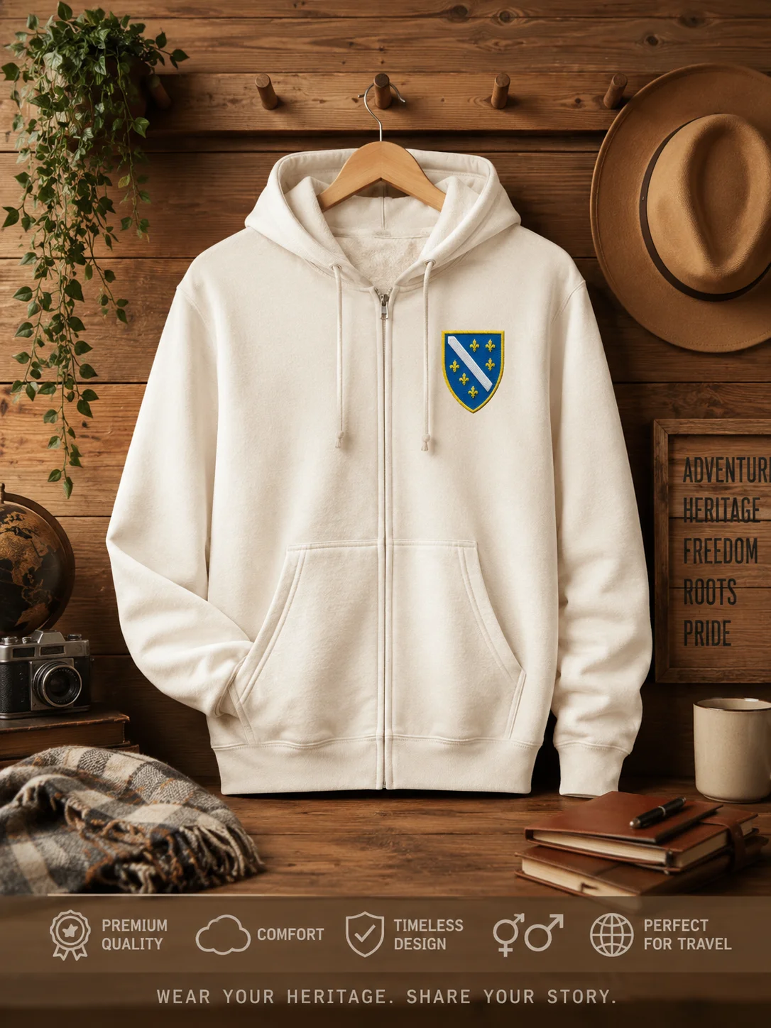 Bosnian Coat of Arms Zip Hoodie, Embroidered Zip Hoodie, Bosnia and Herzegovina, Bosnian Gifts, Multiple Colors Premium Full Zip Hoodie product image (1)