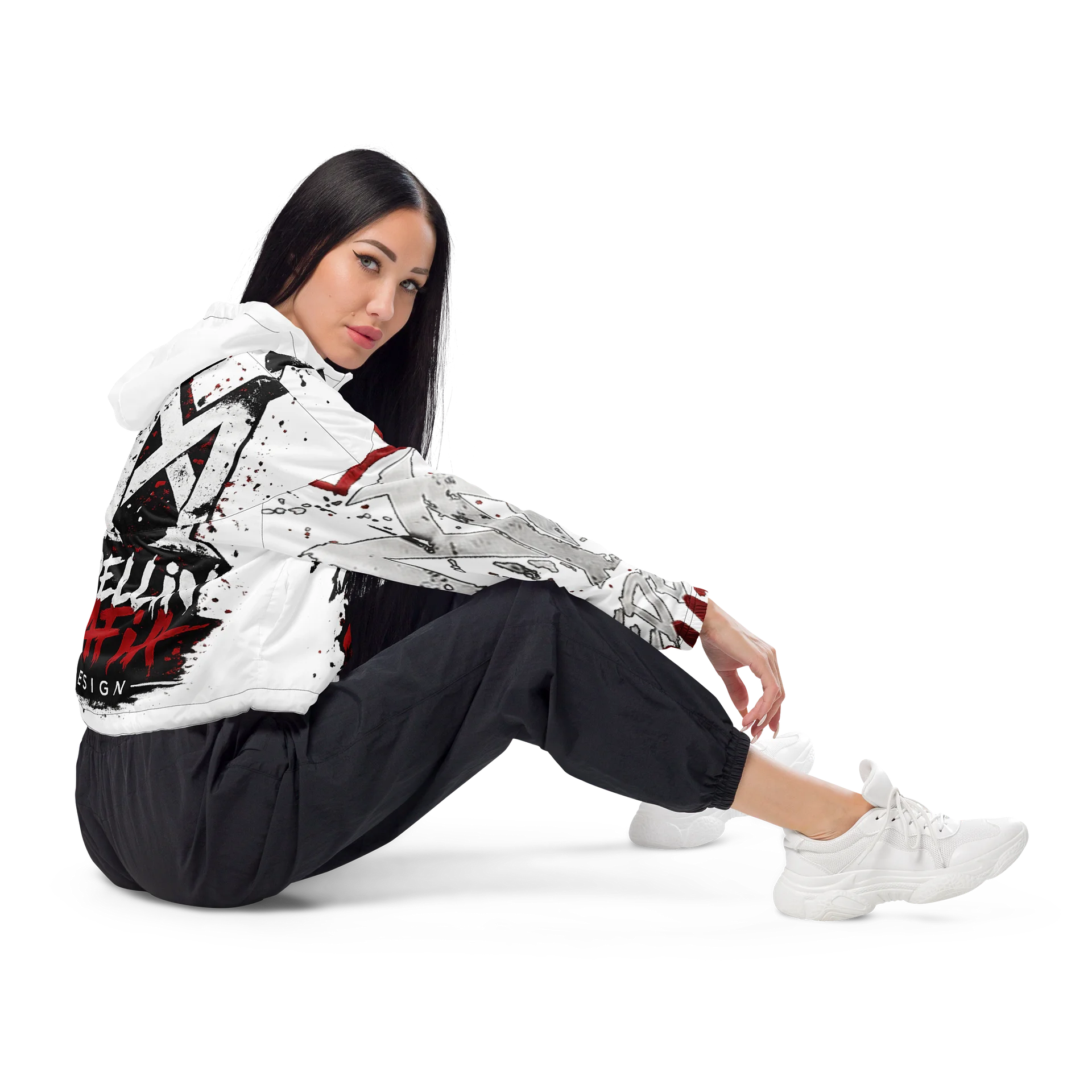 Medellin Mafia Design Women’s Cropped Windbreaker Hoodie – White Red Black Graffiti Streetwear Jacket product image (5)