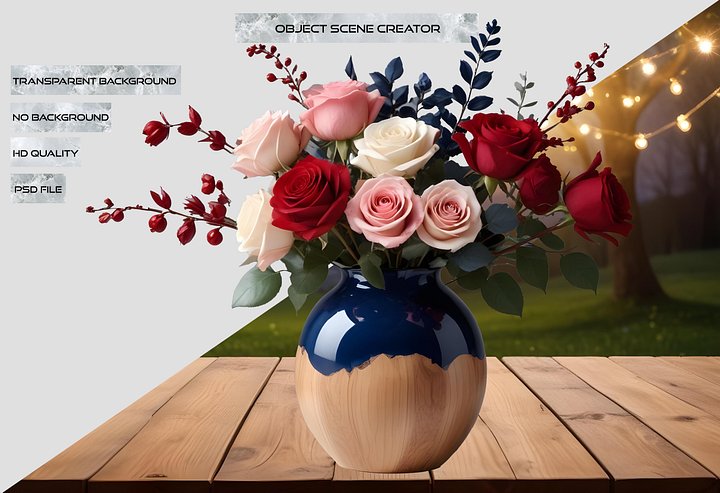 Blue and Natural Wood Vase with Romantic Rose Bouquet PNG product image (2)
