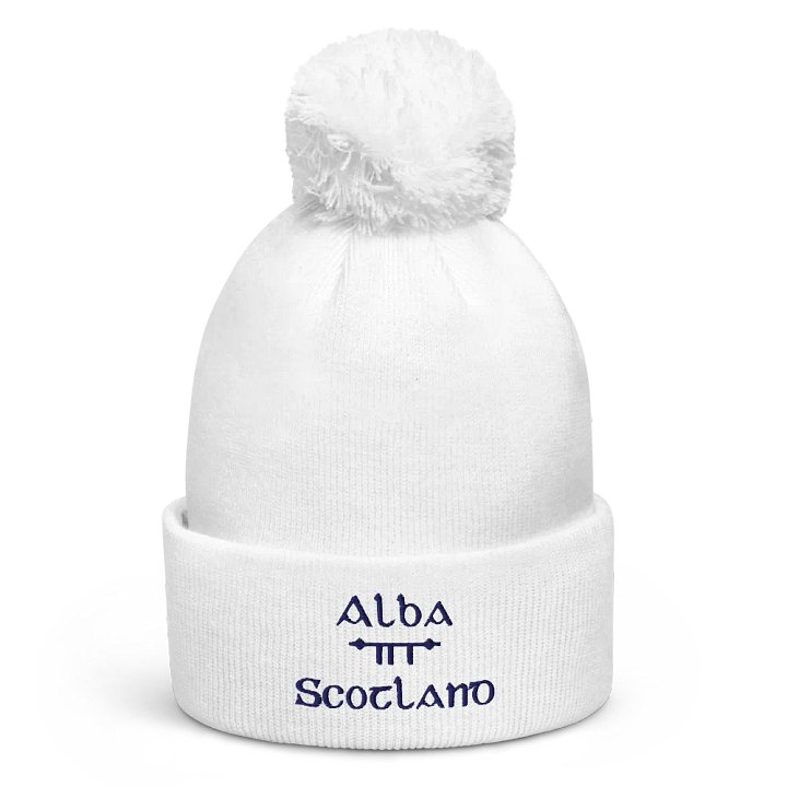 Scotland/Alba Scholastic style Ogham, white with navy, embroidered Pom-Pom Beanie product image (1)