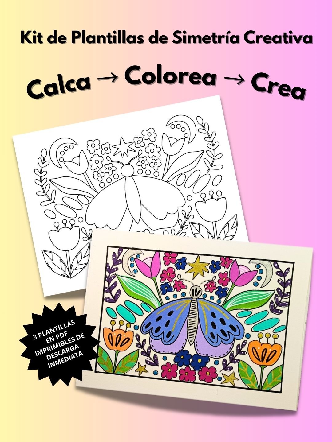 Plantillas de Arte Simétrico para Calcar y Colorear — 3 Templates de Dibujo Creativo (PDF descargable) product image (1)