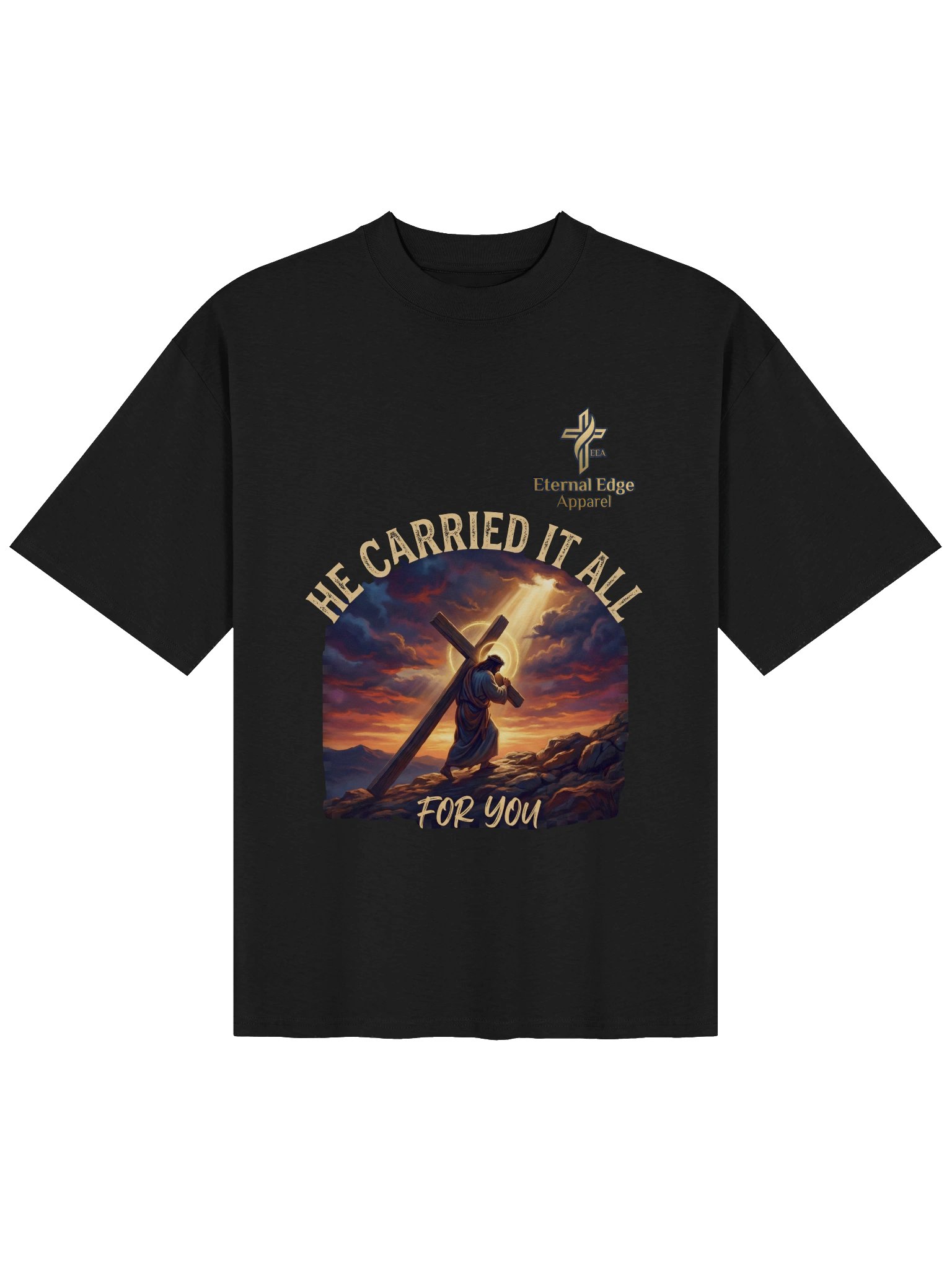 Honor the cross He carried with the He Carried It All Christian t-shirt — organic heavyweight cotton, oversized fit. Shop Eternal Edge Apparel. product image (2)