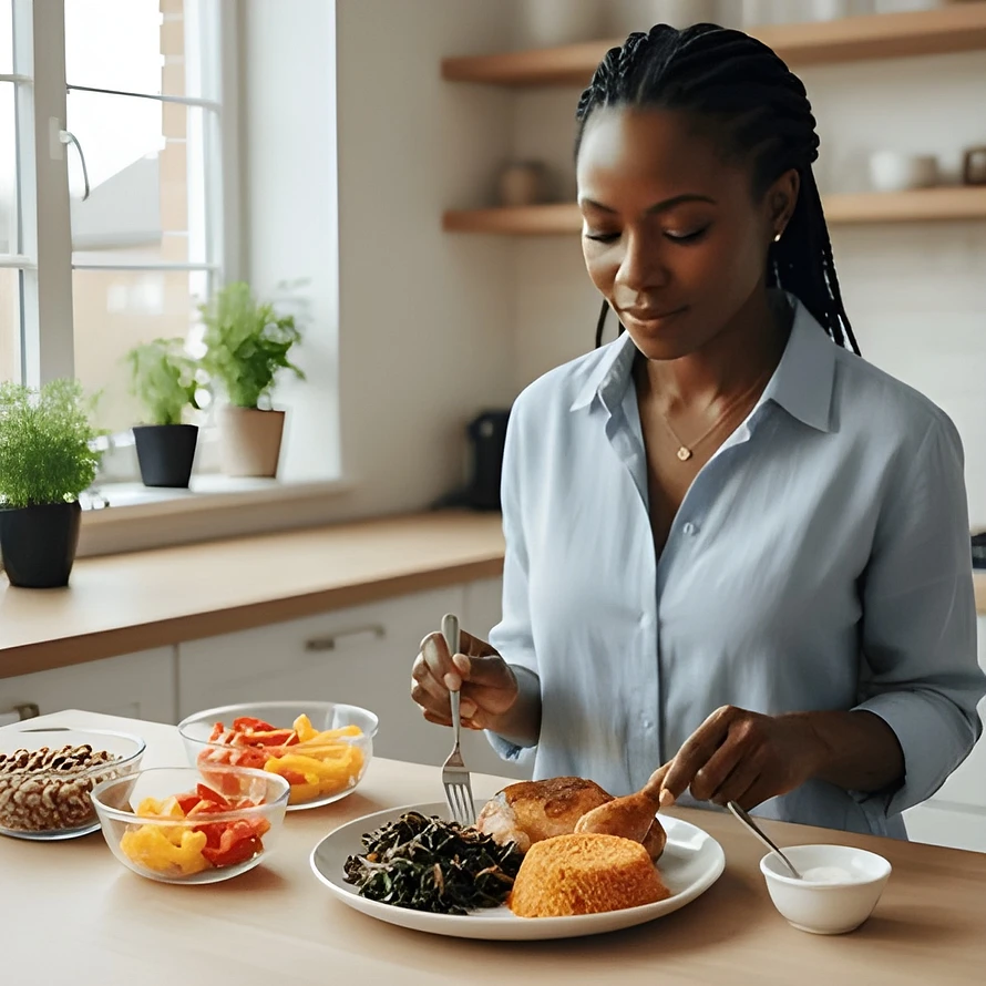 Balanced Plate: Culturally Mindful Meals for Black Women Managing PCOS Cravings A serene Black woman in a modern kitchen thoughtfully enjoys a vibrant, balanced meal featuring collard greens, baked chicken, and jollof rice. Bowls of black-eyed peas, bell peppers, and Greek yogurt are in the background, representing diverse, GLP-1 boosting, fiber-rich, and protein-rich foods. This image embodies a culturally mindful and shame-free approach to managing PCOS cravings and supporting metabolic health.