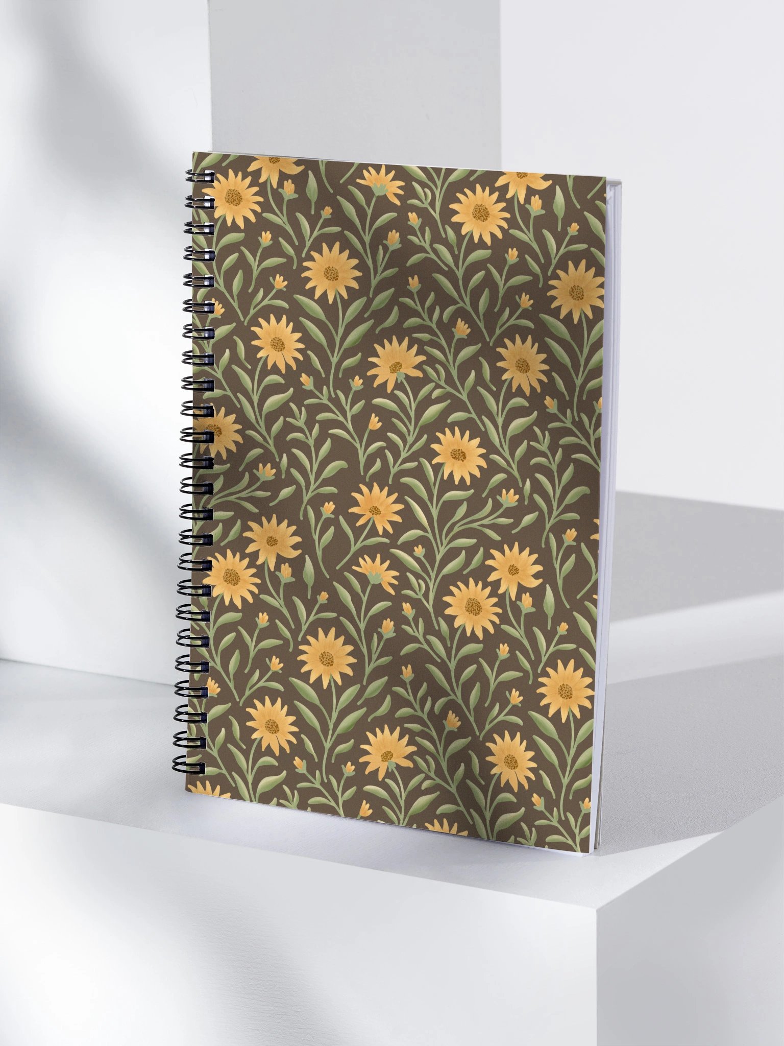 Golden field spiral notebook with floral design on dark background. Elegant botanical journal product image (4)