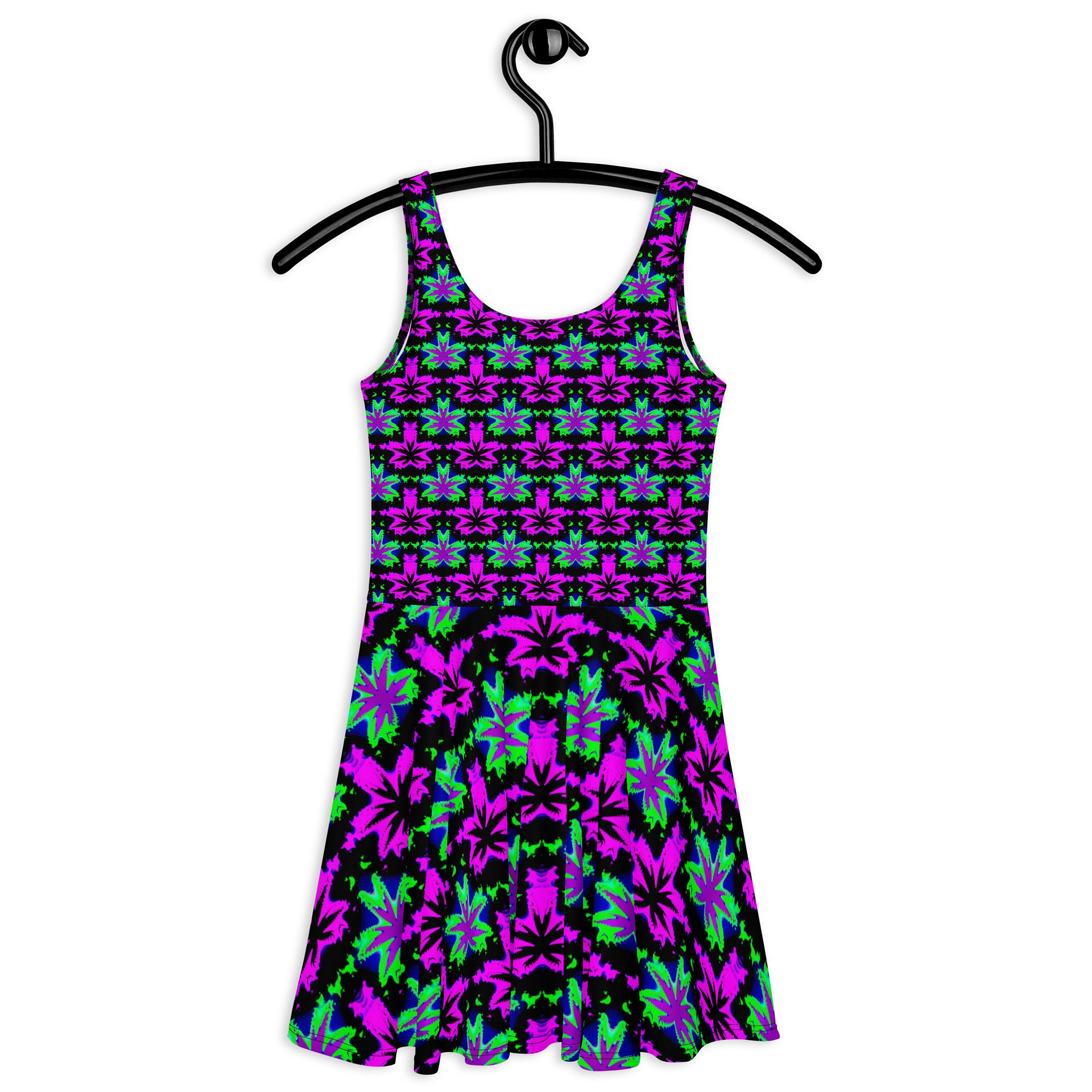 Weed Art Stoner Skater Dress, Neon Green Pink Purple Black Trippy Rave Cannabis Clothing, Pot Leaf Festival 420 Fashion product image (5)