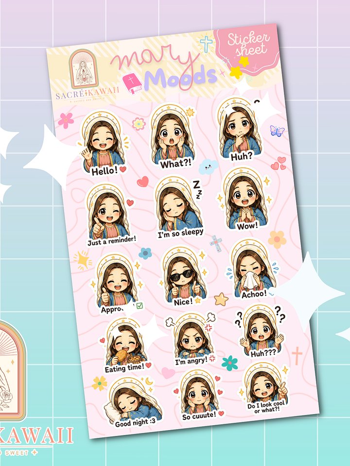 Chibi Mary Moods Sticker Sheet | Matte Vinyl Journal Stickers (15 Mini Expressions) product image (2)