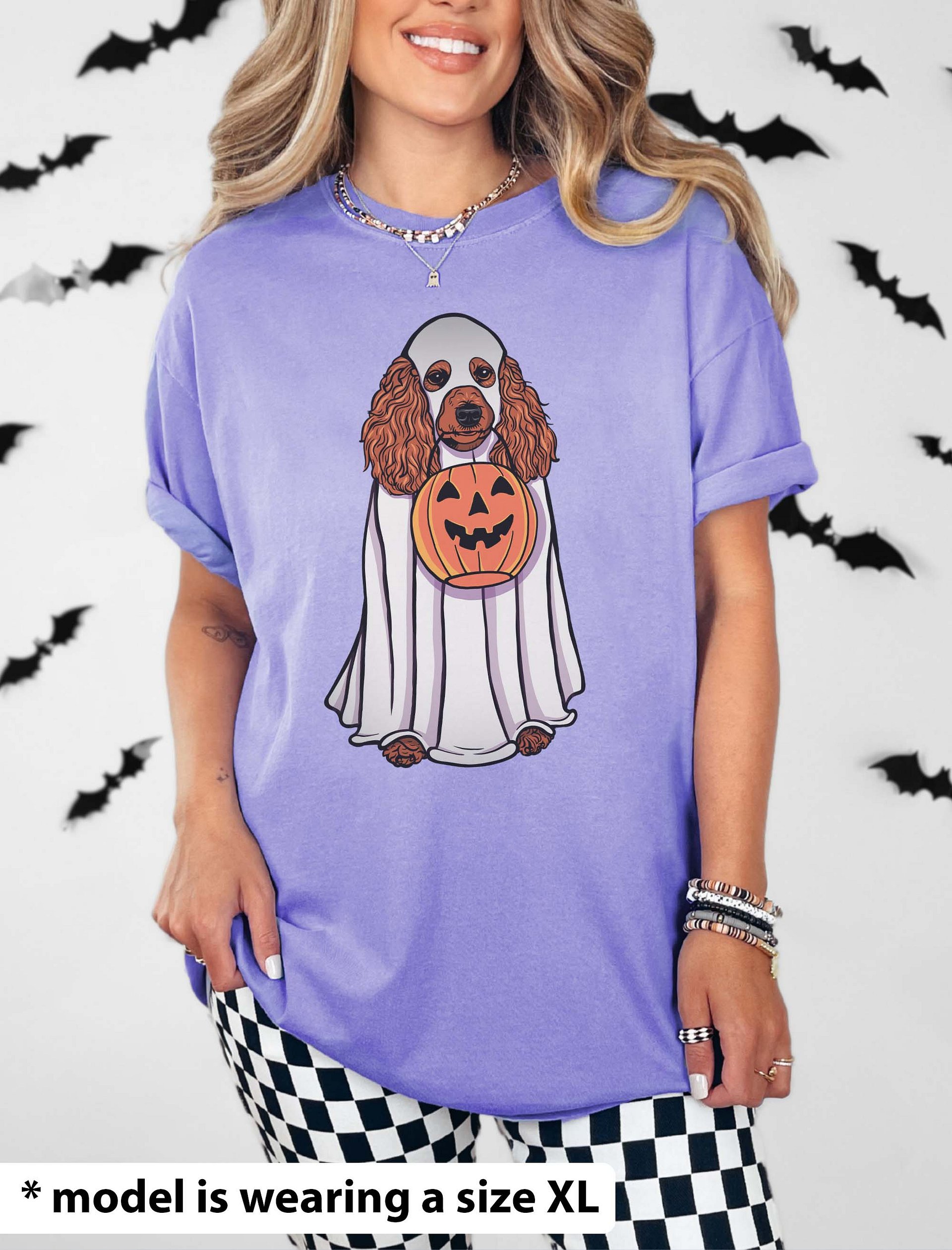 Funny Halloween Poodle(Red) T-Shirt | Funny Papillon Wearing a Ghost Costume and Holding a Pumpkin Basket product image (2)