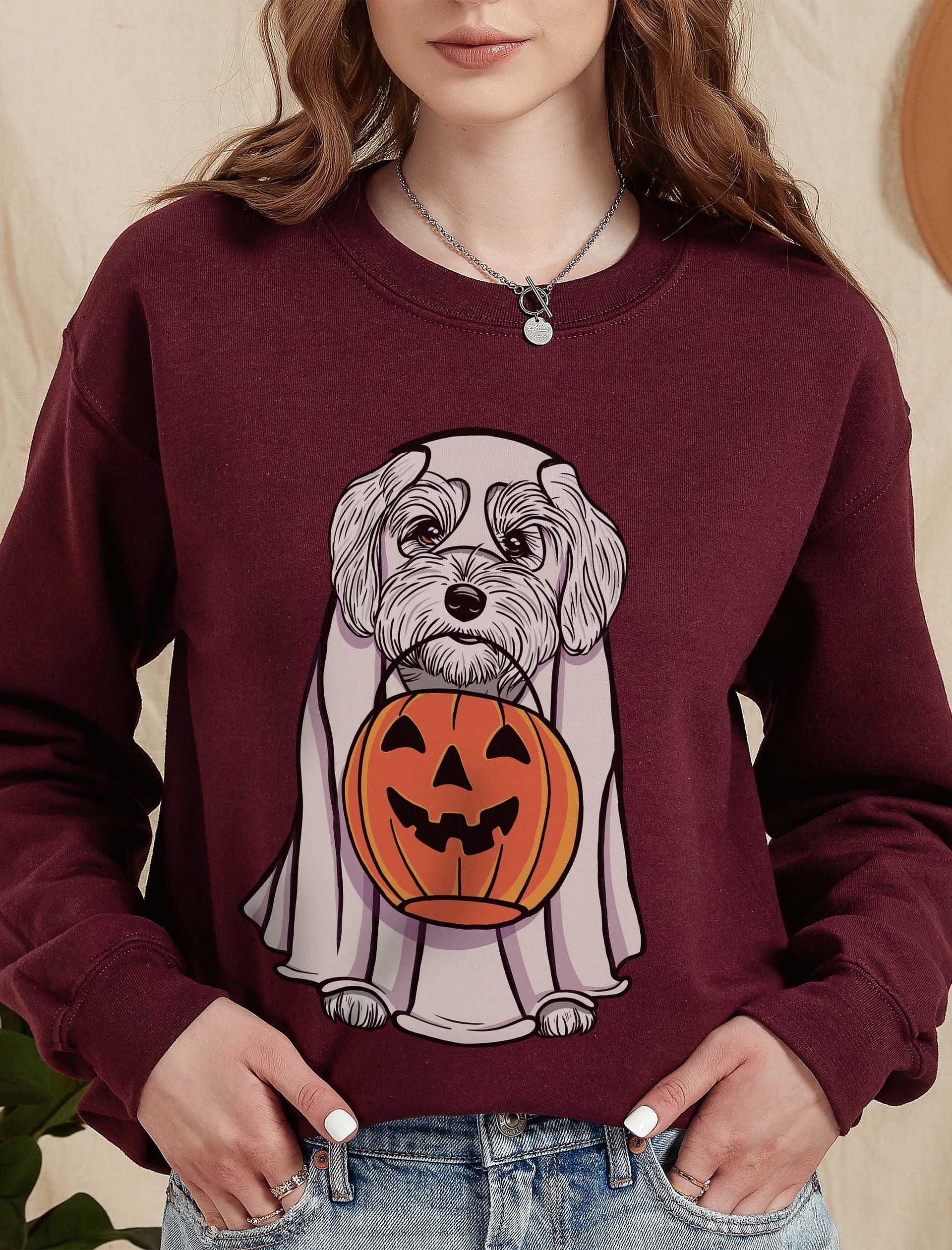 Funny Halloween Havanese(White) Sweatshirt | Funny Havanese Wearing a Ghost Costume and Holding a Pumpkin Basket product image (2)