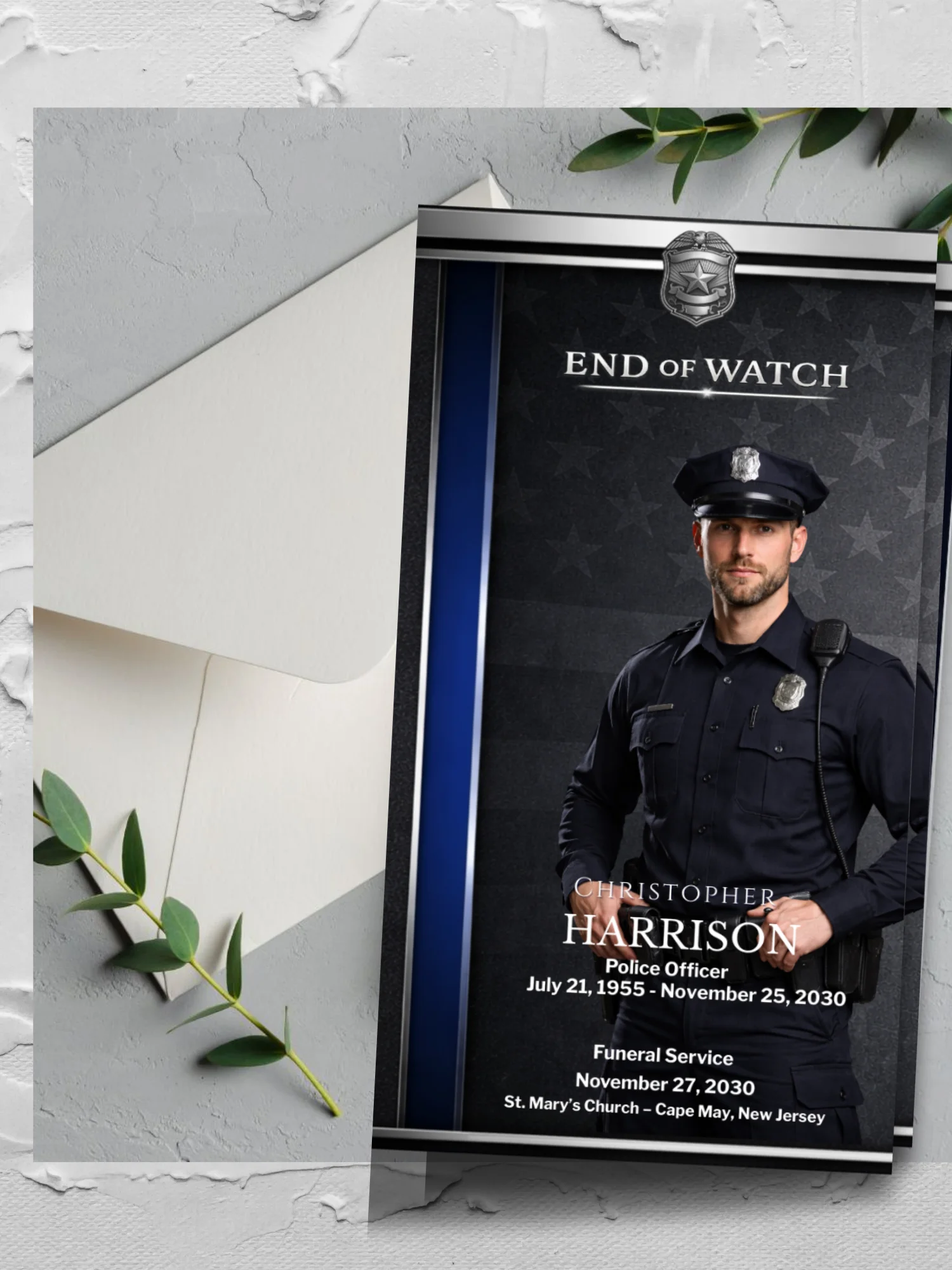 Police Obituary Funeral Program Canva Template | Thin Blue Line 6-Page Trifold Memorial product image (7)