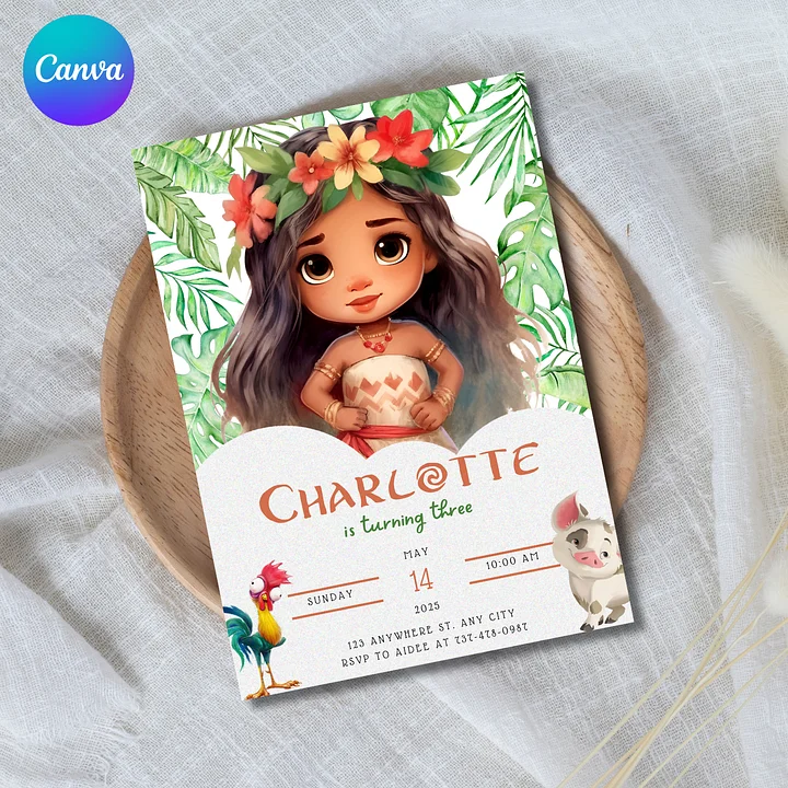 Moana Themed Invitation Template – Canva Editable Tropical Invite product image (1)