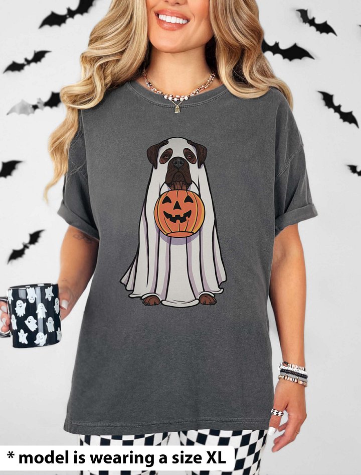 Funny Halloween Bullmastiff(Brindle) T-Shirt | Funny Bullmastiff Wearing a Ghost Costume and Holding a Pumpkin Basket product image (2)