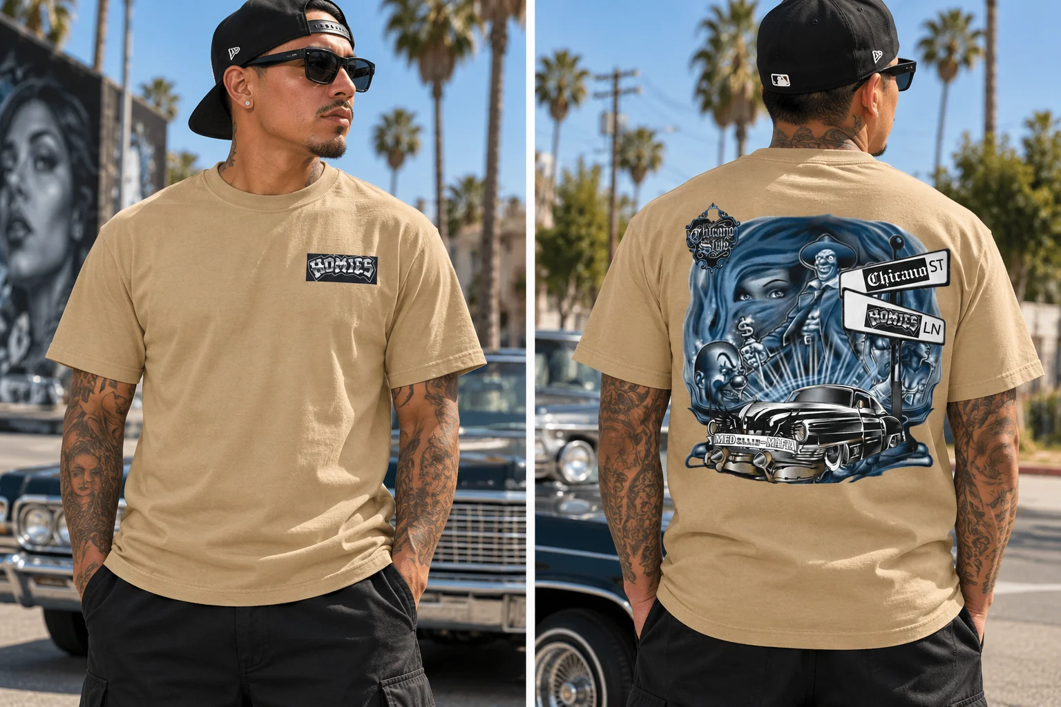 Sand/Tan Chicano Street wear Tee – Medellin Mafia Back Art product image (1)