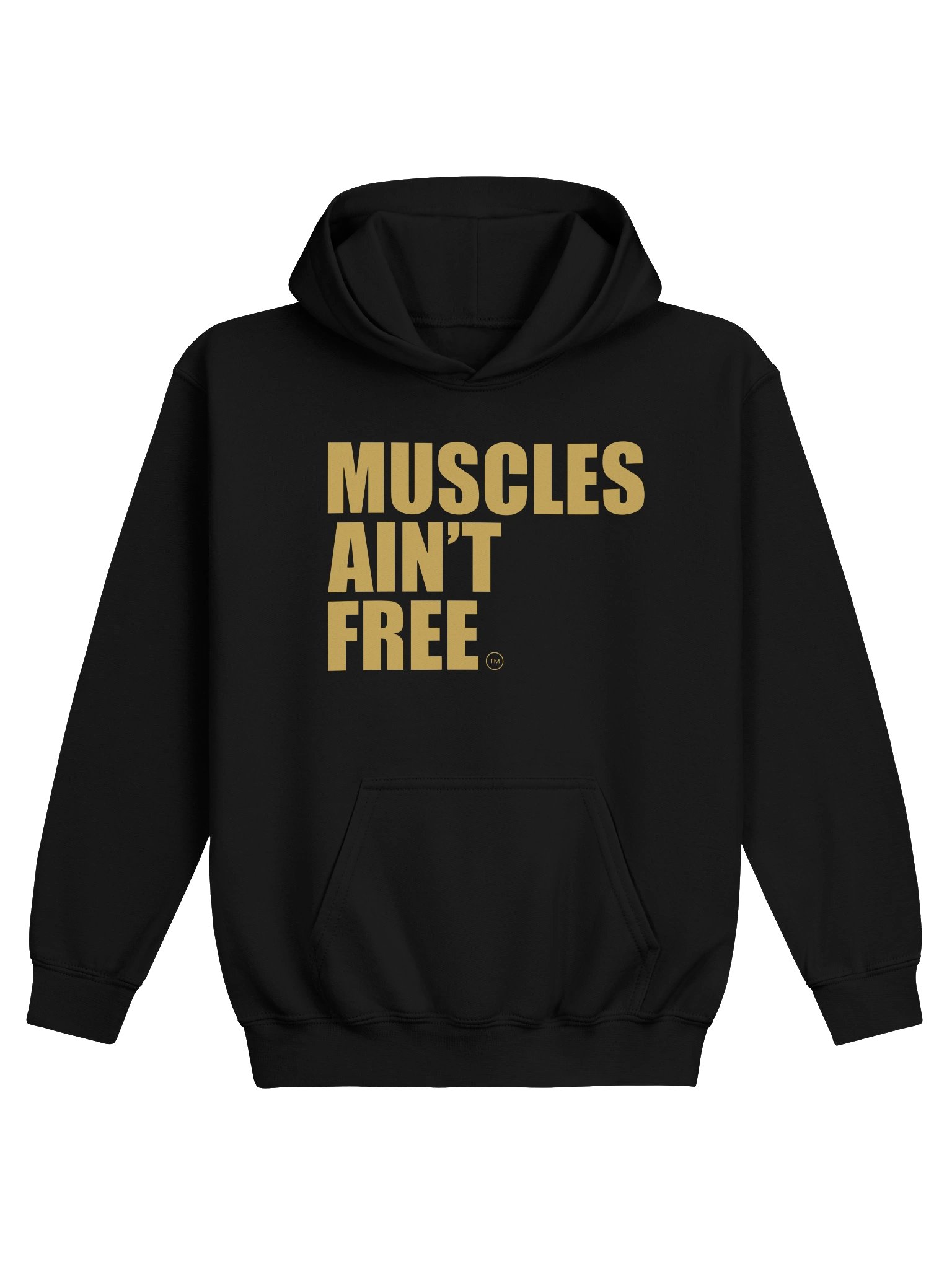Product Title: The "Muscles Ain't Free" Minimalist Gold Youth Pullover Hoodie product image (3)