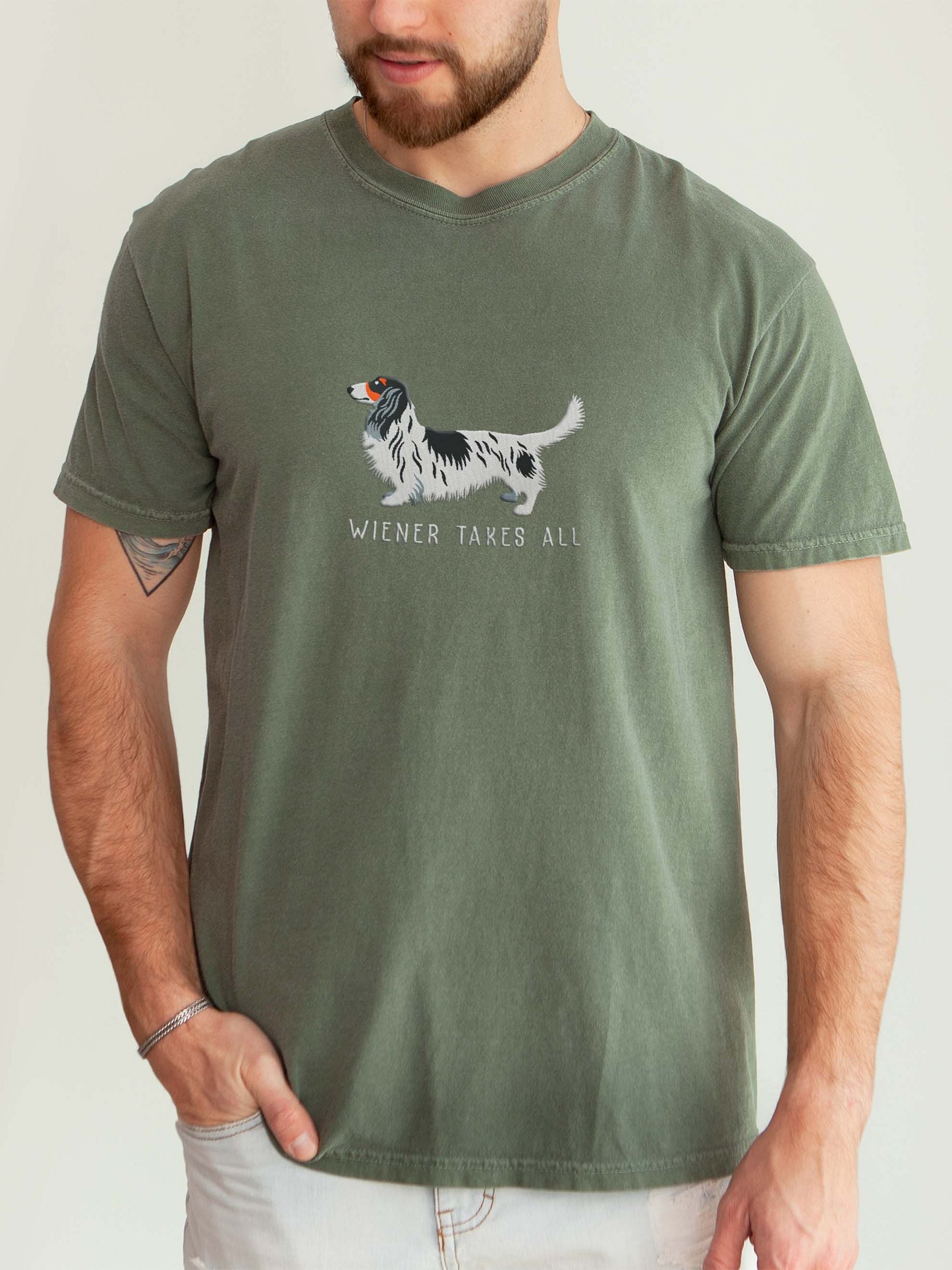 Wiener Takes All T-Shirt(Embroidered) of a Longhaired Dachshund(Pied Black & White) product image (2)