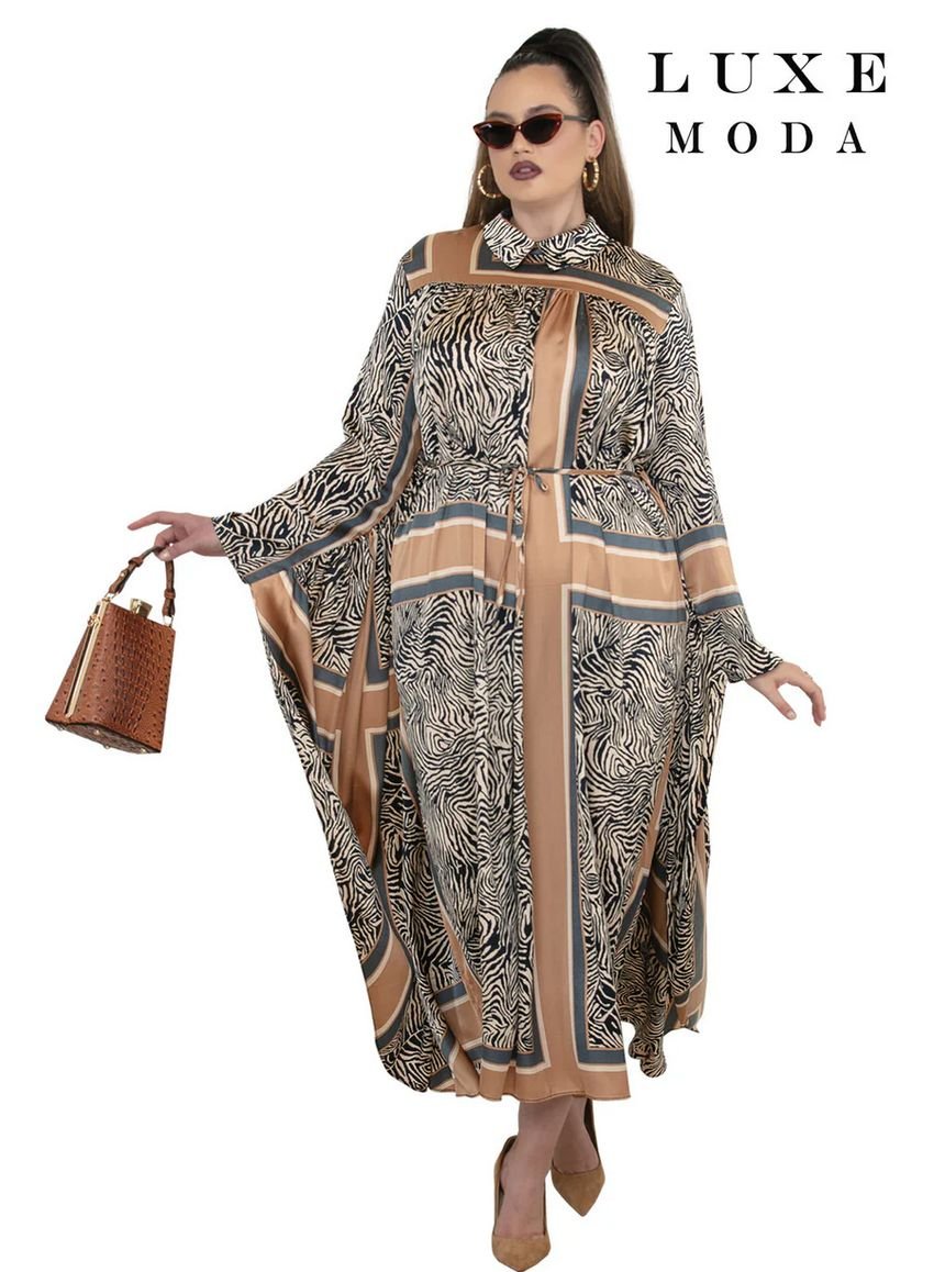 Zebra Geometric Print Maxi Caftan - Collared Draped Gown product image (1)
