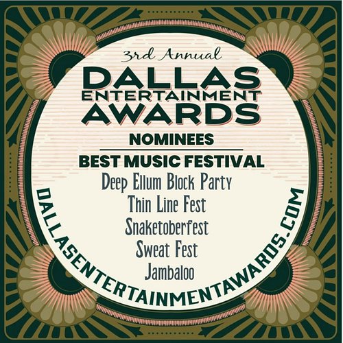 Vote for us at the DALLAS ENTERTAINMENT AWARDS

BEST MUSIC FESTIVAL 
Deep Ellum Block Party
#debp

Back Saturday, November 21...