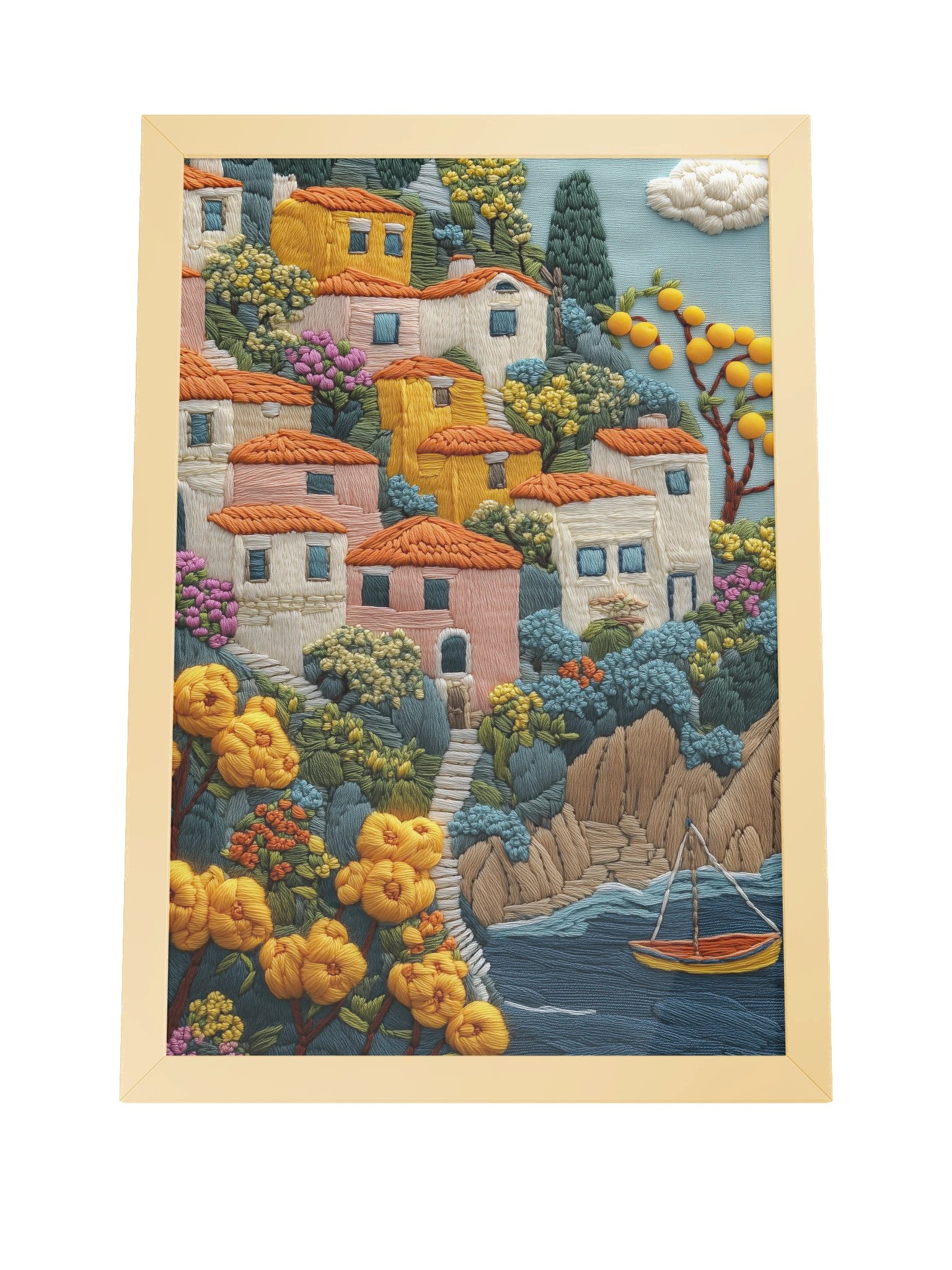 A Lemon Morning on the Amalfi Coast | Embroidery-Style Wall Art — Framed Print product image (12)