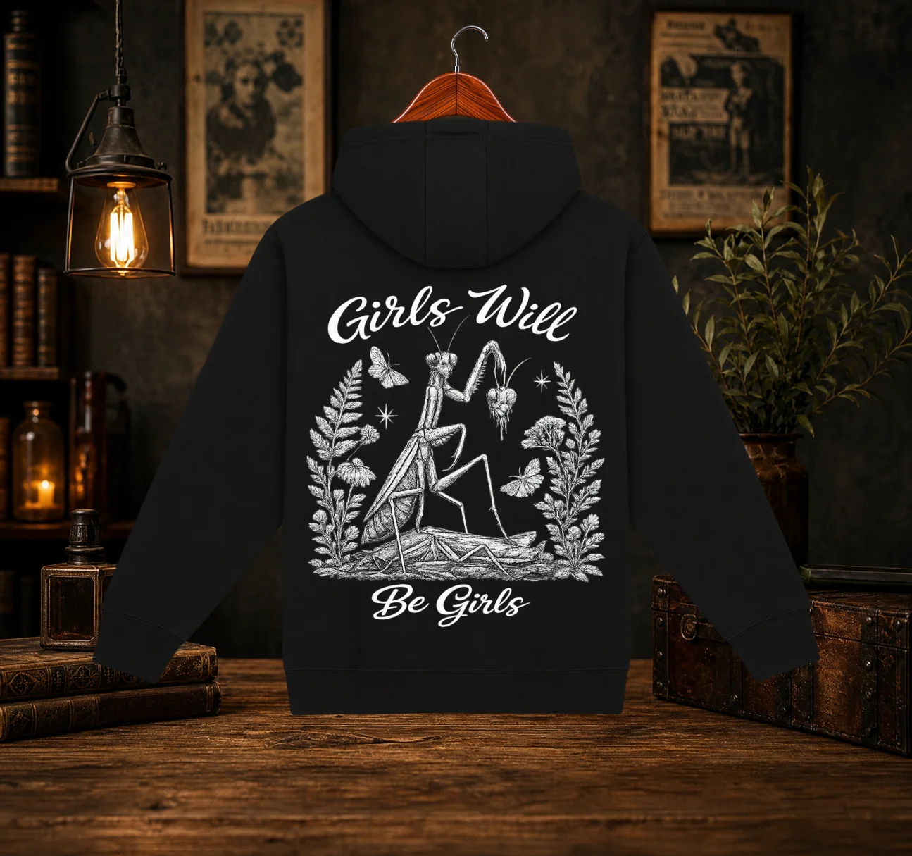 Girls Will Be Girls Praying Mantis Graphic Hoodie | Dark Humor Back-Print product image (1)