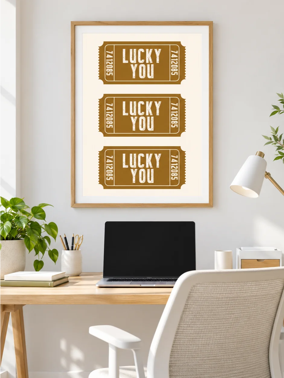 Lucky You Ticket Poster, Mustard Ochre Typography Wall Art, Retro Ticket Print, Cream Earth Tone Art, Printable Quote Art, Vintage Art Print product image (5)