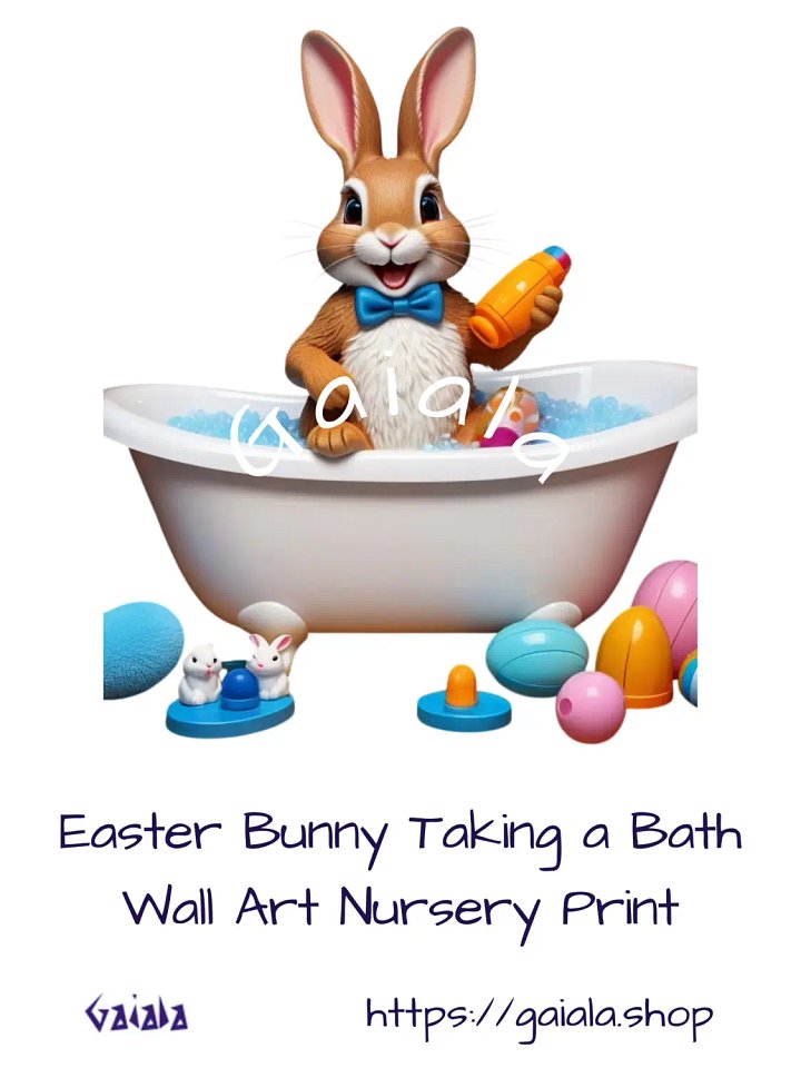 Easter Bunny Taking a Bath Kid Nursery Print Child Wall Art product image (1)