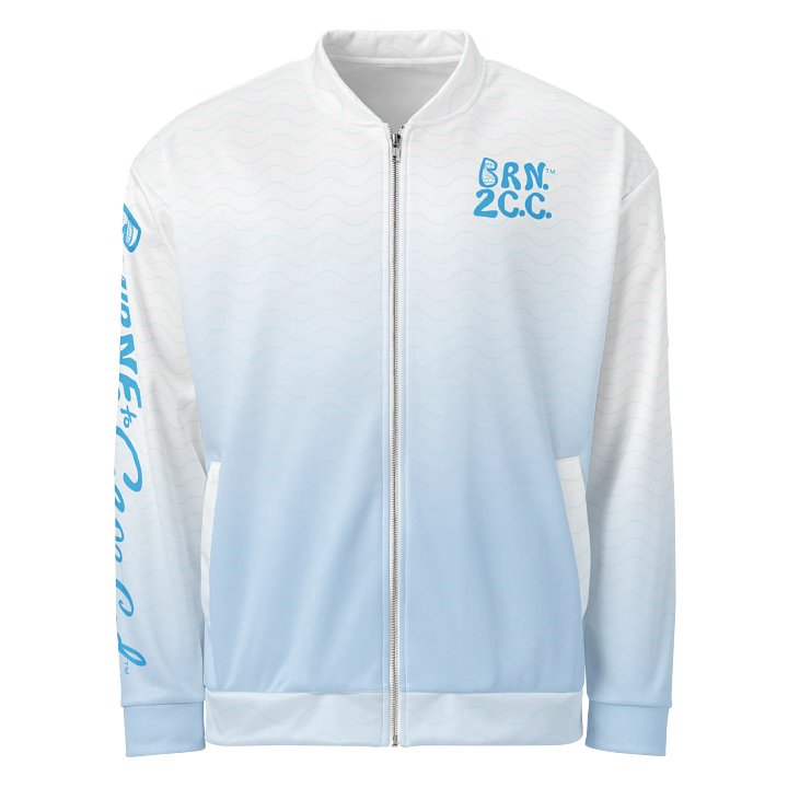 All-Over Print Bomber Jacket | Coastal Cool, City Bold | BOURNE to Cape Cod™ + BRN.2C.C.™ Style | Deep Sky Blue Logos on Blue & White Ombre product image (1)