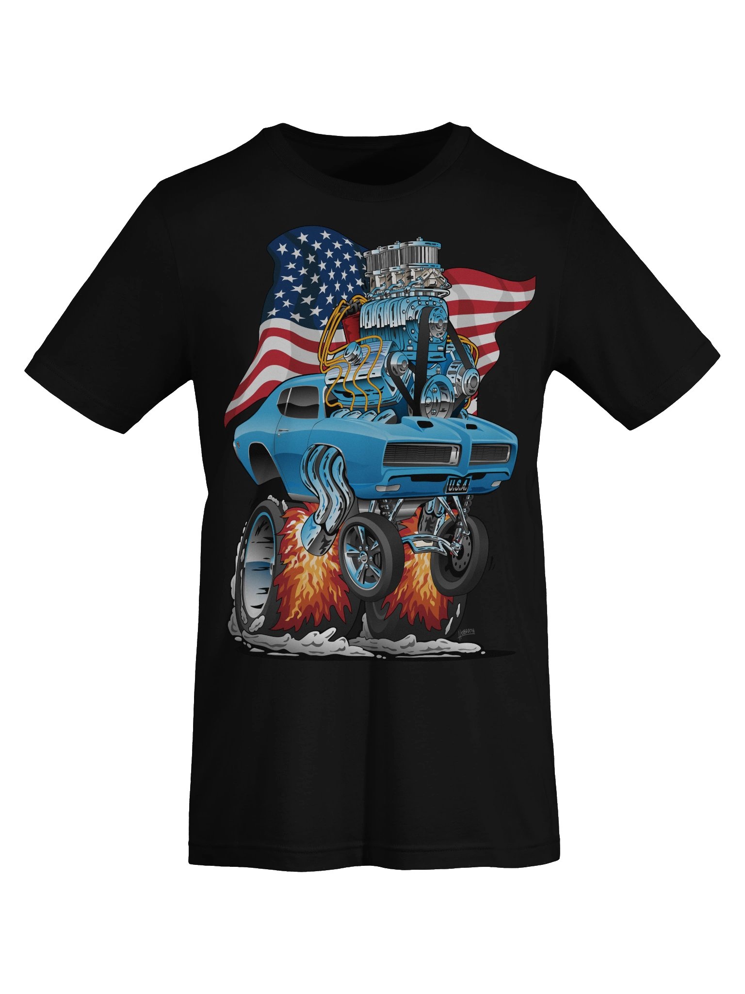 Patriotic 60s Muscle Car Funny Dragster USA Hotrod Cartoon T-Shirt product image (4)