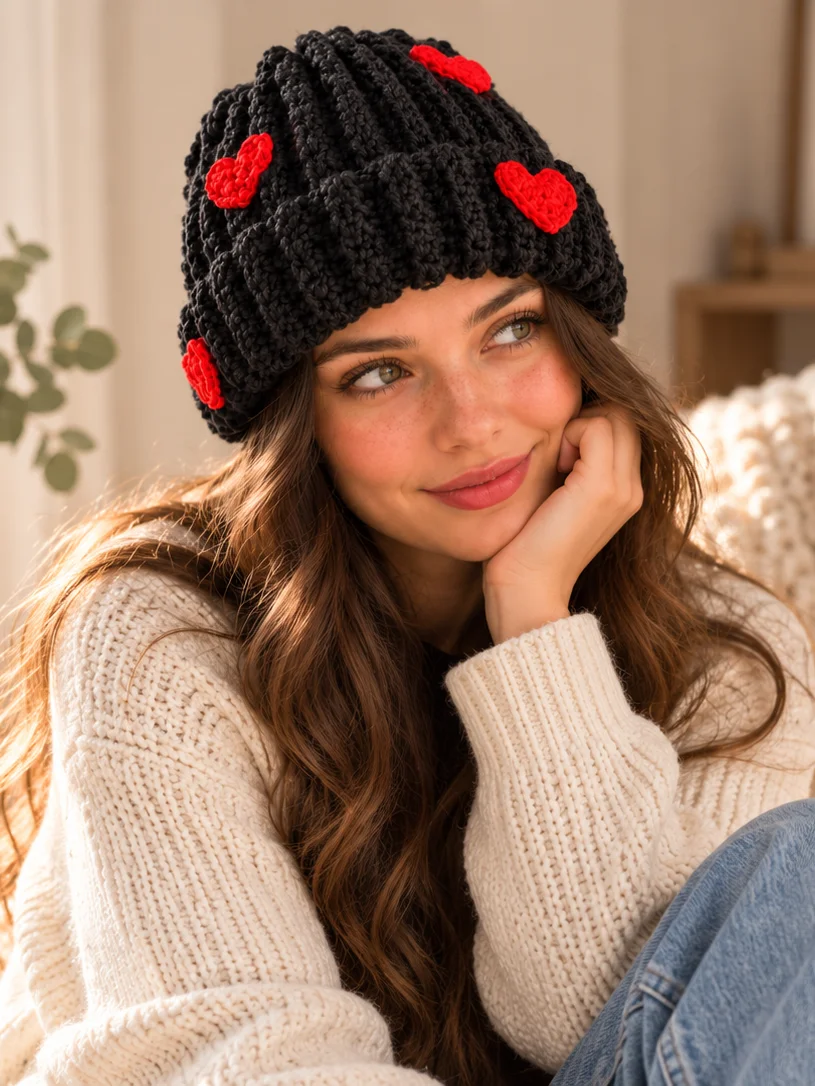 Crochet Heart Beanie Pattern PDF | Beginner Ribbed Crochet Hat with Heart Appliqués product image (1)